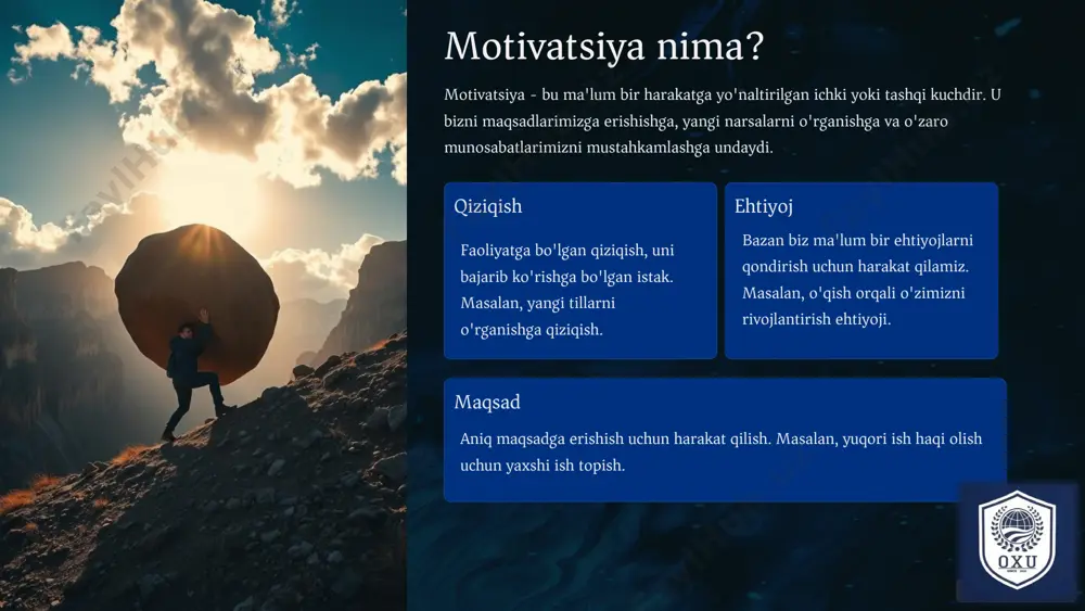 motivatsiya juda muhim. motivatsiya bizni qiyinchiliklarni engishga, yangi narsalarni o'rganishga va o'z imkoniyatlarimizni to'liq ochishga undaydi. kuchli motivatsiya izchil harakat muvaffaqiyat kam motivatsiya kam harakat kam muvaffaqiyat 6 motivatsiyani oshirish usullari motivatsiyani oshirishning ko'plab yo'llari mavjud. ular sizning shaxsiy qiziqishlaringiz, maqsadlaringiz va ehtiyojlaringizga bog'liq. mukofotlar o'zingizga kichik mukofotlar belgilang, bu sizni faoliyatda davom etishga rag'batlantiradi. vaqtni boshqarish vaqtni samarali boshqarish orqali o'zingizni faoliyatga bag'ishlashingiz osonlashadi. reja tuzish qisqa muddatli va uzoq muddatli rejalaringiz bo'lsin, bu sizga yo'l xaritasini yaratadi. qiziqish sizni chinakam qiziqtirgan faoliyatlarga vaqt ajrating, bu sizni yanada motivatsiyalantiradi. 7 motivatsiya va ijodkorlik motivatsiya ijodkorlikni kuchaytiradi. o'zingizni qiziqtirgan narsalarga e'tibor qaratish sizning ijodkorlik qobiliyatingizni rivojlantirishga yordam beradi. 1 qiziqish yangi narsalarni o'rganishga qiziqish. 2 motivatsiya o'rganishga bo'lgan istakni kuchaytiradi. 3 ijodkorlik yangi g'oyalar, echimlar va qarashlarni tug'diradi. 8 motivatsiya va stress stress motivatsiyani pasaytirishi mumkin. stressni boshqarish, o'zingizga g'amxo'rlik qilish va dam olish motivatsiyani saqlashga yordam beradi. dam olish …