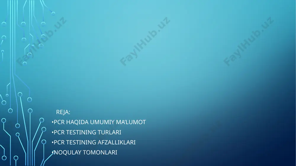 kelishi mumkin. •dnk yoki rnkning past konsentratsiyasi namunadagi oz sonli maqsadli molekulalar aniqlashni qiyinlashtirishi mumkin. noqulay tomonlari xulosa pcr testlari genetik materialni tashxislash va o'rganish uchun kuchli vositadir. to'g'ri namuna tayyorlash va reaksiyaning asosiy tamoyillarini tushunish aniq natijalarga erishishga yordam beradi, bu esa oxir-oqibatda bemorga ijobiy ta'sir qiladi. •x. xoliqov q. qurbonov darsligi •tibbiy biologiya darsligi •google.com sayti •wikipedia.com sayti foydalanilgan adabiyotlar image3.jpeg image4.jpeg image2.png image5.jpeg /docprops/thumbnail.jpeg