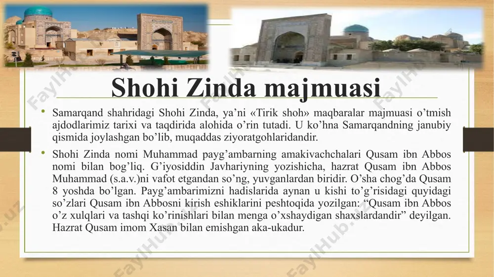 aqbarasi qadimda o’tgan podshoh sulolalari tomonidan boshlab , hozirga qadar qurilib , ta’mirlanib kelinmoqda. mavzoleydagi bizgacha yetib kelgan eng qadimiy imorat qoldig’i bu –afrosiyob qo’rg’onining devori, sulton sanjar qurdirgan minora hamda qoraxoniylar davridan qolgan maqbaraning ba’zi devorlaridir . muhandis muhandis –olim xoja ahmad maqbarasi yo’lakning shimoliy qismida joylashgan. o’ng tomonda uni 1361 yilda qurilgan maqbaralar sharqdan chegaralab turadi. chapdan, ya’ni g’arbiy tomondan amir temurning xotini tuman oqo maqbarasi barpo etilgan . mazkur kompleks uch binoni : maqbara, masjid va hujrani o’z ichiga oladi. yuqori qism , o’ng tomonidagi maqbara 1361 yilda qurilgan bo’lib, u amir temurning xotini qutlug’ okoga tegishlidir. undan shohi zinda-qussam ibn abbos ziyoratgohiga o’tiladi. ziyoratgoh – qabrxona, ziyoratxona, masjid, yer osti chillahonasi va minora qoldiqlaridan iborat. amir temur o’z davrida ziyoratgoh sohibqiron amir temur o’z davrida ushbu qadimiy ziyoratgoh atrofida majmuaviy guldasta qurdiradi. u mo’g’ullar bosqinida vayronaga aylangan maqbarani qaytadan zeb berib tiklatadi, yog’ochdan yasalgan qabrni eng …