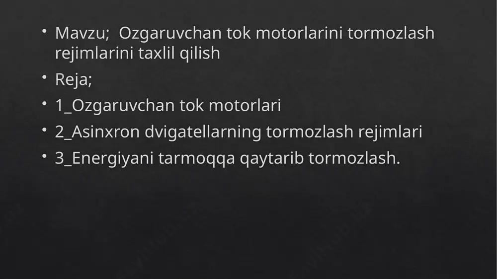 rni ishga tushirish stator magnit maydoni qo‘zg‘atish usuli bo‘yicha ikkita guruhga bo‘linadi: o‘zgaruvchan yoki o‘zgarmas tok tarmog‘i orqali mustaqil qo‘zg‘atishli (rekuperativ teskari ulash va dinamik tormozlash) va kondensator batareyasi orasida energiya almashuvi hisobiga yoki dvigatel statori qisqa tutash­tirilganda magnit oqimi o‘zinduksiya eyk hisobiga hosil bo‘ladigan o‘z-o‘zini qo‘zg‘atish orqali. yuqorida qayd etilgan rejimlarni qisqa tutashgan va faza rotorli mashinalar uchun qo‘llash mumkin. energiyani tarmoqqa qaytarib tormozlash. boshqa mashinalar kabi asinxron dvigatel uchun ham elek­tromagnit induksiya prinsipini qo‘llab (dvigatel va generator rejimida ishlash qobiliyati) uni generator rejimida ishlashiga imkon yaratish mumkin. agarda mashina o‘qida yuklama bo‘lmasa (salt yurish) u holda tarmoqdan olinayotgan energiya rotordagi mexanik isroflar, po‘latdagi isroflar hamda statordagi isroflarni qoplash uchun sarflanadi. mashina o‘qiga rotor­ning aylanish tomoni bo‘yicha ta’sir etayotgan tashqi moment qo‘yish bilan sinxron tezlikka erishish mumkin. bu holda rotordagi isroflar tashqi energiya manbayi hisobiga qoplanadi, tarmoqdan esa faqat statordagi isroflarni qoplash uchun energiya iste’mol qili­nadi. shundan so‘ng tezlikning …