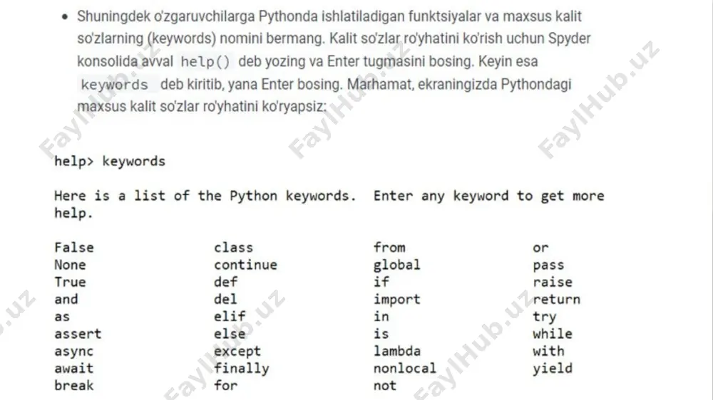 ) parametrli takrorlashda takrorlanishlar parametrlar bilan belgilanadi va takrorlanishlar soni aniq bo’ladi parametrsiz takrorlash operatorida parametr bo’lmaydi va takrorlanishlar soni aniq bo’lmaydi while parametrsiz takrorlash operatori pythonda while hisoblanadi: while : => shart yoziladi va shart toki rost ekan takrorlanish bajarilaveradi bu istalgan funksiya va operatorlar bo’lishi mumkin, bunda takrorlanishning har bir siklida takrorlanish tanasi har safar qayta va qayta bajariladi. misol: i=10 while i>5 print(i) i-=1 yuqoridagi dastur i o’zgaruvchining qiymati toki 5 dan katta ekan qayta va qayta bajarilaveradi for parametrli takrorlash operatori bizga ma’lum bir massiv elementlari bo’ylab birma-bir yurgan holda aniq funksiyalarni takroran bajaradigan dastur tuzishimiz kerak bunda biz pythonning for parametrli takrorlash operatoridan foydalanishimiz kerak: for in : bu yerda istalgan turdagi(string, integer, array, float, boolean, …) o’zgaruvchi bo’lishi mumkin. ham huddi shunday istalgan turdagi o’zgaruvchilardan tuzilgan massiv bo’lishi mumkin. misol uchun: for i in [1, 2, 3, 4, 5, 7, 8, 9]: print(i) yuqoridagi …