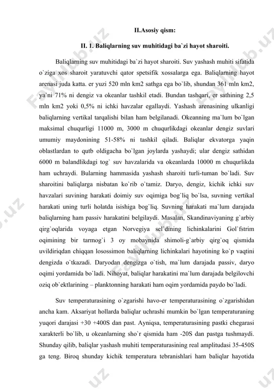 tish, ma`lum darajada passiv, daryo oqimi yordamida bo`ladi. nihoyat, baliqlar harakatini ma`lum darajada belgilovchi oziq ob`ektlarining – planktonning harakati ham oqim yordamida paydo bo`ladi. suv temperaturasining o`zgarishi havo-er temperaturasining o`zgarishidan ancha kam. aksariyat hollarda baliqlar uchrashi mumkin bo`lgan temperaturaning yuqori darajasi +30 +400s dan past. ayniqsa, temperaturasining pastki chegarasi xarakterli bo`lib, u okeanlarning sho`r qismida ham -20s dan pastga tushmaydi. shunday qilib, baliqlar yashash muhiti temperaturasining real amplitudasi 35-450s ga teng. biroq shunday kichik temperatura tebranishlari ham baliqlar hayotida katta ahamiyatga ega. temperaturaning baliqlarga ta`siri bevosita yoki bilvosita suvning gazlarni eritish xususiyati orqali ham bo`lishi mumkin. ma`lumki, baliqlar poykilotermi hayvonlarga kiradi. ularning tana temperaturasi gomoyoterm hayvonlardagi singari ko`pmi-ozmi bir zaylda bo`lmasdan, bevosita tashqi muhit temperaturasiga bog`liq. suv temperaturasining baliqlarga bilvosita ta`sirini baliqlardagi gazlar almashinuvida ko`rish mumkin. ma`lumki, suvning gazlarin eritish, ayniqsa kislorodni eritish xususiyati uning temperaturasi va sho`rligiga teskari mutanosibdir. shu bilan bir qatorda suv temperaturasining ko`tarilishi orta boradi. shunga …