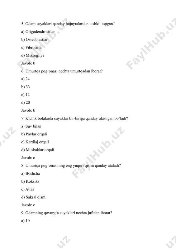 d) biceps femoris javob: d 18. tana harakati uchun suyaklar va nima birgalikda ishlaydi? a) teri va qon b) mushaklar va nervlar c) yurak va o‘pka d) qon va hujayralar javob: b 19. bosh miya va orqa miya qaysi suyaklar bilan himoyalangan? a) qo‘l suyaklari b) orqa suyaklari c) kalla suyaklari va umurtqa pog‘onasi d) son suyaklari javob: c 20. qaysi bo‘g‘im inson tanasidagi eng katta bo‘g‘im hisoblanadi? a) bilak bo‘g‘imi b) tizza bo‘g‘imi c) oyoq panjasi bo‘g‘imi d) bosh bo‘g‘imi javob: b