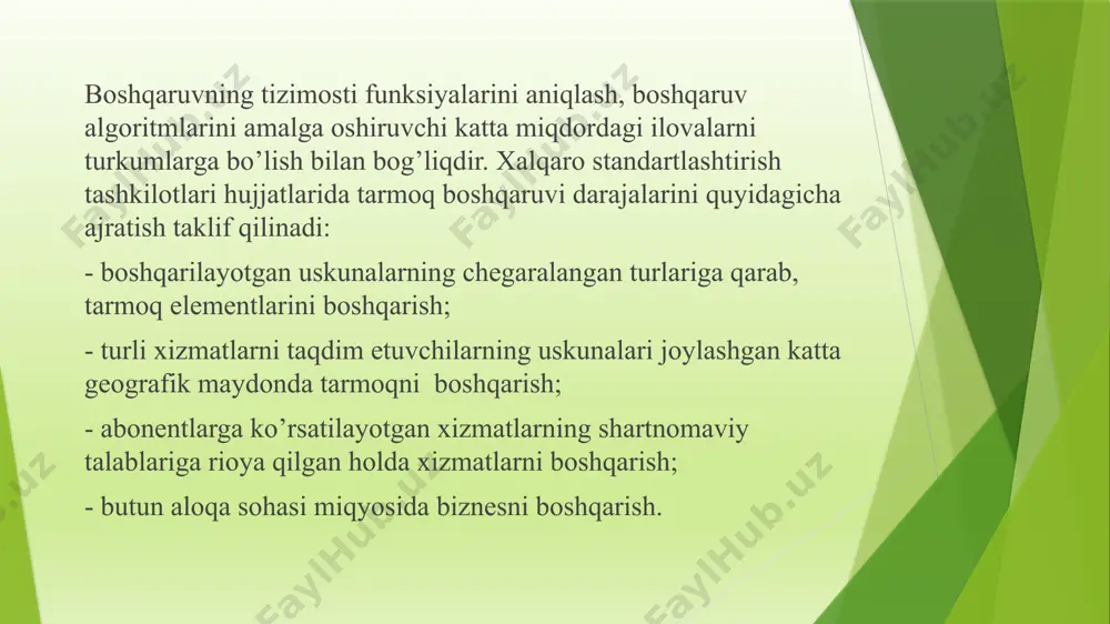 sezilarli darajada ortdi. bunday ma’lumotning sifati bir qator tarmoq segmentlar ishlashiga bevosita boqligligi namayon bo’ldi. shu sababli ajratilgan boshqaruv tarmoq tizimlari telekommunikatsiya tarmoqda iste’molchi xizmatlar ko’rsatish holati yuqori bo’lishini ta’minlash asosiy vazifaga aylandi xizmatlarni boshqarish tizimlarining strukturaviy-funksional modeli e’tiboringiz uchun raxmat image1.png image2.png /docprops/thumbnail.jpeg