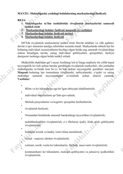 maktabgacha yoshdagi bolalarning markazlardagi faoliyati — DOCX