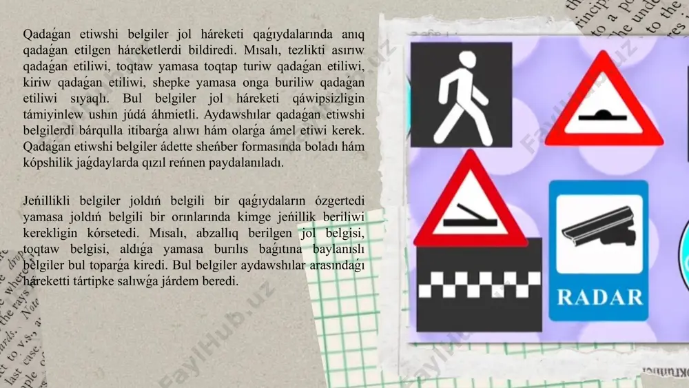 qollanılıwı joldıń túrine, qala yamasa awıllıq aymaqta bolıwına qarap parıqlanadı. máselen, qalada kóp jaǵdaylarda "toqtaw" hám "jol beriw" belgileri kóbirek ushırasadı, úlken jollarda bolsa "preferentlik berilgen jol" belgisi keń tarqalǵan. juwmaqlaw jol belgileri islep shıǵılıwı hám standartları xalıqaralıq normalarǵa muwapıq bolıwı kerek. bul hár qıylı mámleketlerdegi aydawshılarǵa ańsat túsiniw hám olarda qaǵıydalardı durıs orınlawǵa járdem beredi. sonday-aq, jol belgileriniń sırtqı kórinisi hám funkcional imkaniyatları waqıt ótiwi menen jetilisip baradı.búgingi kúnde zamanagóy texnologiyalar járdeminde jol belgileri kórinisin jaqsılaw, olardı jáne de anıq hám kórinetuǵın etiw ushın led jaqtılandırǵıshlar, reflektorlı materiallar qollanılmaqta. bul, ásirese, túnde yamasa jaman hawa-rayı sharayatında aydawshılar ushın júdá paydalı.abzallıq belgileriniń nadurıs qollanılıwı yamasa olardıń jetispewi jol háreketi aǵımınıń buzılıwına alıp keliwi múmkin. sonlıqtan, jol qurılısı hám ońlaw jumısları dawamında belgilerdi óz waqtında hám durıs jaylastırıw áhmietli. bunnan tısqarı, jol belgileri turaqlı túrde tekseriliwi hám zárúrlikke qarap jańalanıwı zárúr. sonday-aq, jol belgileri orınlı jaylastırılıwı menen bir qatarda, joldıń ózi …