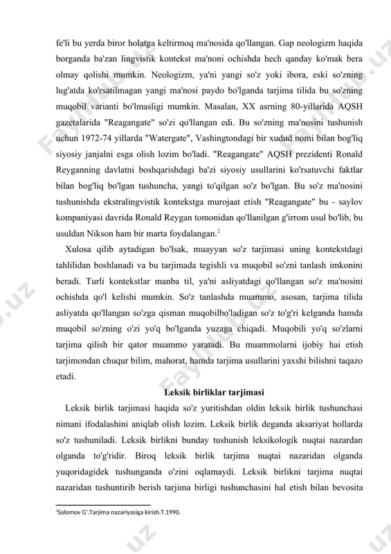 o'llangan so'zga qisman muqobilbo'ladigan so'z to'g'ri kelganda hamda muqobil so'zning o'zi yo'q bo'lganda yuzaga chiqadi. muqobili yo'q so'zlarni tarjima qilish bir qator muammo yaratadi. bu muammolarni ijobiy hai etish tarjimondan chuqur bilim, mahorat, hamda tarjima usullarini yaxshi bilishni taqazo etadi. leksik birliklar tarjimasi leksik birlik tarjimasi haqida so'z yuritishdan oldin leksik birlik tushunchasi nimani ifodalashini aniqlab olish lozim. leksik birlik deganda aksariyat hollarda so'z tushuniladi. leksik birlikni bunday tushunish leksikologik nuqtai nazardan olganda to'g'ridir. biroq leksik birlik tarjima nuqtai nazaridan olganda yuqoridagidek tushunganda o'zini oqlamaydi. leksik birlikni tarjima nuqtai nazaridan tushuntirib berish tarjima birligi tushunchasini hal etish bilan bevosita bog'liq. l.s.barxudarovning fikriga ko'ra, tilda mavjud boigan barcha birliklar, ya'ni fonema, morfema, so'z, so'z birikmasi hamda gap tarjima birligi bo'lishi mumkin. stepanov esa tarjima birligi deb freymlarni (so'z va gap tuzilmasini) olish mumkin deb hisoblaydi. bizningcha, yuqoridagi aytilgan fikrlar ma'lum darajada to'g'ridir, chunki til birliklari bilan tarjima birliklari bir-biriga to'g'ri keladigan …