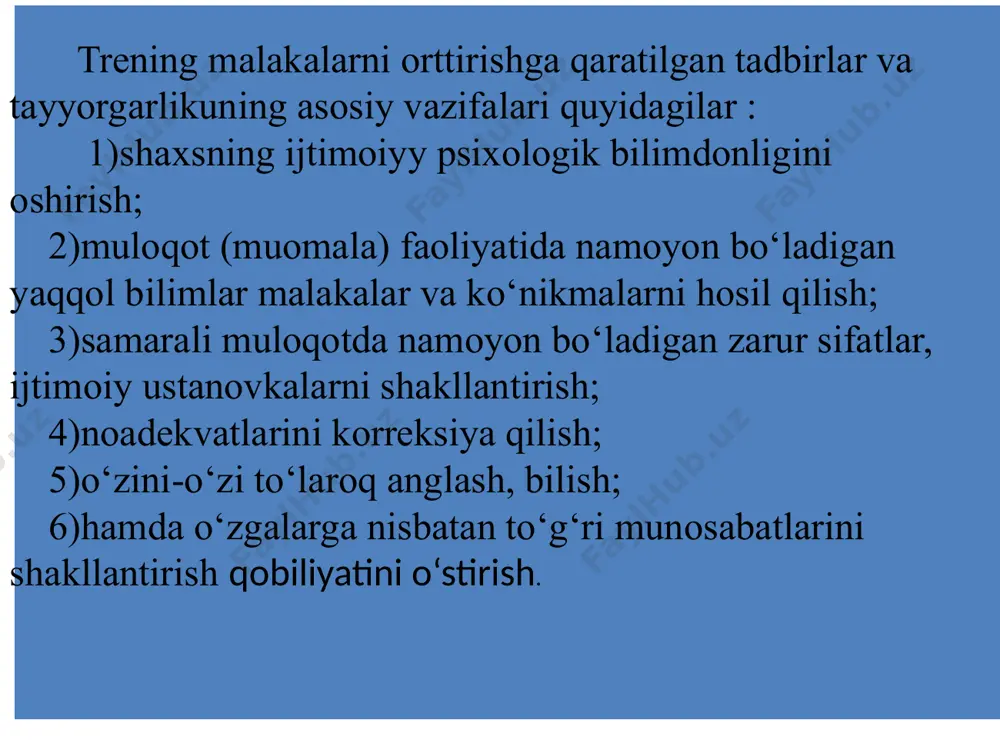 ) keltirib chikarsa, boshqalarda esa ustunlik majmuasini (kompleksini) keltirib chikaradi. adlerning fikricha, bu ikki majmua inson faoliyatining asosidir. yung xam freydning shogirdlaridan biri . u xam aloxida bir yunalish, ya’ni analitik psixologiyani ishlab chikkan. yungninig fikricha, libido (jinsiy alokaga intilish) inson yashashi, turmush kechirishi uchun zaruriy extiyojlar energiyasidir. uningcha, libido fakat seksuallikdan iborat emas. chunki yung kollektiv ongsizlik mavjud bo’lishini kursatib utadi. yungning fikricha, shaxs individualizatsiya, ya’ni uzok davom etuvchi psixologik rivojlanish jarayoni orqali o’zinianglaydi psixoanalitik terapiyada 5 ta asosiy xolatni ajratib kursatish mumkin: 1. mijoz bilan chukur xissiy munosabatga kirishish. mijoz bu xolat kechishida o’zining ijobiy va salbiy xislarini terapevtga yunaltirishi uchun imkoniyat paydo bo’ladi. buning natijasida mijoz terapevtga o’zining xayot tajribasini proektsiya kiladi. masalan onasini rashk kilgan bo’lsa, terapevtni uz otasi deb, ongsiz ravishda yomon kurib kolishi mumkin. 2. tushlarni talkin kilish. tushlar, freydning fikricha, ongsizlik zonasiga yuldir. 3. erkin assotsiyalar - mijoz bir-biri bilan boglanmagan fikrlarni bildiradi. …