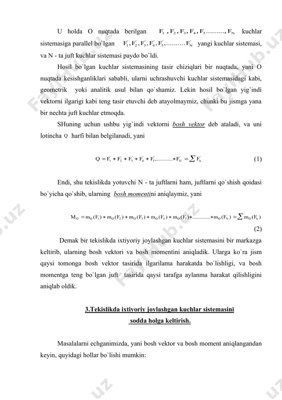 zki (u 3 - shaklda ko`rsatilgan) bosh vektor bilan vektori bir to`g`ri chiziqda yotishib yo`nalishlari qarama qarshi bo`lsin, shuning uchun statikaning ikkinchi aksiomasiga asosan ularni jismdan olib tashlash mumkin. u holda jismga s nuqtaga yagona kuchi qo`yilgan bo`ladi xolos, shuning uchun uni teng tasir etuvchi vektor deb atab, harfi bilan belgilanadi. 4.tekislikda ixtiyoriy joylashgan kuchlar sistemasining muvozanatlik sharti. yuqorida ko`rib o`tganimizdek, tekislikda ixtiyoriy joylashgan kuchlar sistemasining muvozanati uchun bosh vektor va bosh moment bir vaqtni o`zida nolga teng bo`lishlari shart, yani (3) yuqorida nuqtani ixtiyoriy ravishda tanlab, o`zimiz uni o nuqta deb belgilagan edik, shunga ko`ra masalalar echganimizda istalgan nuqtaga nisbatan momentlarning yig`indisini nolga tenglasak bo`laveradi. muvozanat tenglamasining asosiy ko`rinishi: malumki, agar berilgan ixtiyoriy yo`nalgan kuchlar sistemasi bir tekislikda yotsa, ular jismni ikkita o`q bo`yicha ilgarilama, (yani ox va ou o`qlari bo`yicha ilgarilama,) hamda biror nuqta (masalan o nuqta) atrofida aylanma harakat qildirishi mumkin, shunga ko`ra muvozanat tenglamasining asosiy ko`rinishi …