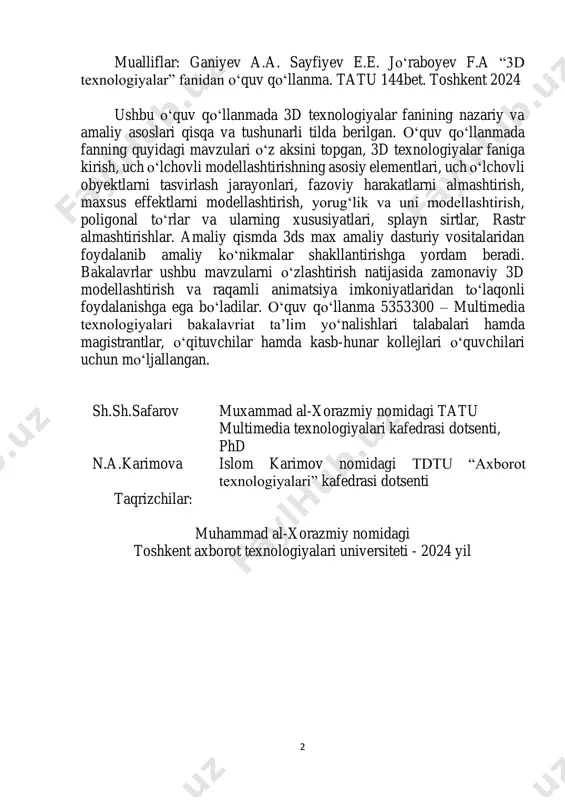 ning tuzilishi. modellashtirish texnologiyasi. poligonal modellar 23 1.3 yuqori darajali modellashtirish. rig texnologiyasi. rig animatsiyasi va ierarxik strukturasi...................................... 31 ii bob kompyuter grafikasining geometrik primitivlari……………………………….………… 36 2.1 3d modellashtirishda poligonlar...…………………….. 36 2.2 ikkinchi tartibli sirtlar..................................................... 47 2.3 3d obektlarni bikubik splaynlari..................................... 58 iii bob 3d grafikada render tushunchasi, yorug’lik va uning asosiy komponentlari, soya va sirt xususiyatlari, kamera turlari va animatsiya texnologiyalari………………………………… 66 3.1 3ds max dasturida render tushunchasi. global yoritish. fotorealistik render………………………………………... 66 3.2 3ds max dasturida yorug’lik va uning asosiy komponentlari. sahnalarni yoritish....................................... 72 3.3 3ds max dasturida soya va sirt xususiyatlari. rasm xaritasi. soya va sirt texturasi. yuza shaffofligi................... 77 3.4 3ds max dasturida kamera. kamera turlari..................... 84 3.5 animatsiyalarini bir necha tamoyillari........................... 90 3.6 3ds max dasturida animatsiya texnologiyalari. kamera animatsiyasi. yorug`lik animatsiyasi................................... 97 iv bob ikki va uch o‘lchovli integratsiya, ko`p qatlamli animatsiya, vizual effektlar texnologiyasi, motion capture texnologiyasi va materiallar yaratish 104 4.1 ikki …