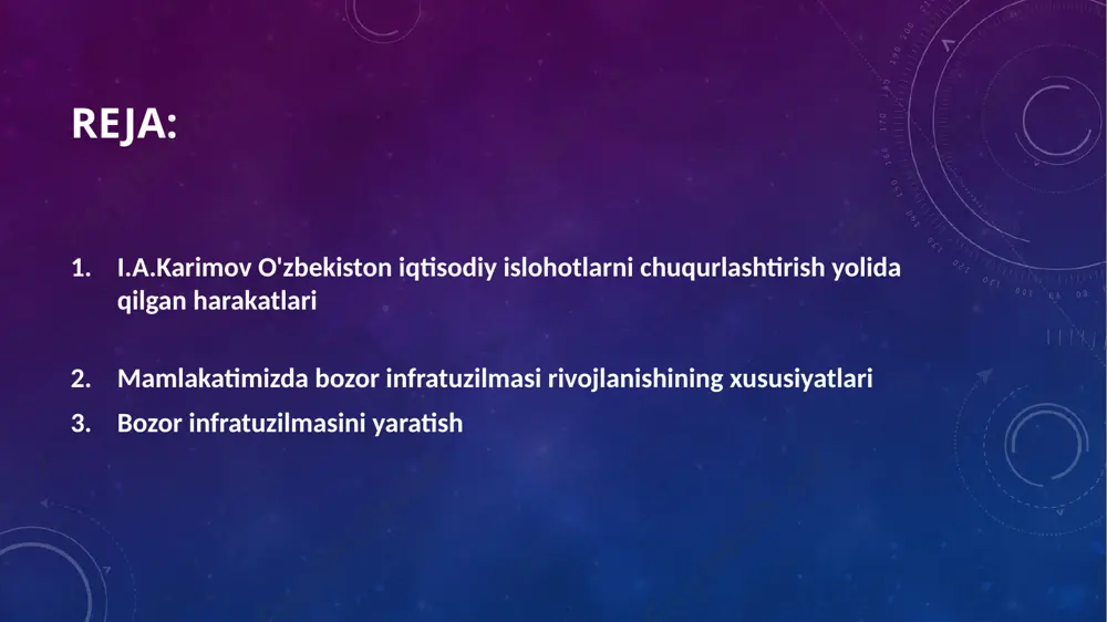 on doiralarning ixtiyoriy, davlat, jamoat birlashma (uyushma)lari bojxona tizimi; oʻrta va oliy iqtisodiy taʼlim tizimi, auditorlik kompaniyalari; bozor infratuzilmasining asosiy unsurlari quyidagilar: konsalting (maslahat) kompaniyalari ishbilarmonlik faoliyatini ragʻbatlantirishga xizmat qiladigan davlat va jamoat fondlari; maxsus erkin tadbirkorlik zonalari va boshqalar. i.a.karimov o'zbekiston iqtisodiy islohotlarni chuqurlashtirish yolida qilgan harakatlari bugungi kunda o'zbekistonda ijtimoiy yo'naltirilgan bozor iqtisodiyotiga o'tish jarayoni mamlakatimiz ijtimoiy-iqtisodiy taraqqivotidagi juda ko s plab omil va xususiyatlarni, jumladan, respublikamizning geosiyosiy va geostrategik holati; mineralxomashyo resurslariníng mavjudligi va tabiiy-iqlimiy sharoitlar;demografik ahvol; aholi an'analari, odatlari, hayot tarzi, mentaliteti; iqtisodiy tizimni bosqichma-bosqich isloh qilish; davlatning faol, belgifovchi roli; islohotlarga qadar davrdagi iqtisodiyotning tarkibiy tuzilishidagi nomuvofiqliklar; kuchli ijtimoiy siyosat zarurligi kabilarni e'tiborga olgan hołda amalga oshirilmoqda. i.a.karimov o'zbekiston iqtisodiy islohotlarni chuqurlashtirish yolida qilgan harakatlari shu bilan birga bozor mexanizmlarining samarali amal qilishi uchun zarur bo' igan barcha shart-sharoitlarni, shu jumladan, bozor infratuzílmasining to'laqonli faoliyatini ta'minlash davlatning asosiy vazifalaridan biriga aylangan. zero, prezidentimiz ta'kidlaganidek, "keng …