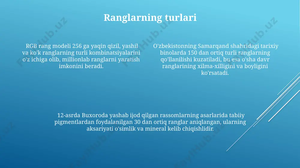 tadi, skandinaviya mamlakatlarining qorli manzaralarini eslatadi. ranglar va tabiat o'zbekistonning 300 dan ortiq qush turlari, rang-barang patlari bilan, turli tabiiy muhitlarda, masalan, qorqamish ko'lida va qizilqum cho'lida, yashaydi. namangan viloyatining farg'ona vodiysidagi gullari, 50 dan ortiq turdagi o'simliklarning xilma-xil ranglari bilan, biologik xilma-xillikni namoyon qiladi. tojikiston chegarasidagi alay tog'larining 2000 metrdan baland joylarida o'sadigan o'simliklarning ko'k, binafsha va sariq rangdagi gullari, alp o'tloqlarining xarakterli xususiyatidir. ranglarning ramziy ma'nosi yashil rang, islom madaniyatida, 4 ta muqaddas o'simliklardan biri bo'lgan zaytun daraxti bilan bog'liq holda, tinchlik va osoyishtalik ramzi sifatida qaralganda. qizil rang, 7-asr xitoy manbalariga ko'ra, baxt va omad ramzi hisoblangan, lekin ayni paytda qon to'kilishi va urush bilan ham bog'liq bo'lgan. ko'k rang, qadimgi misr tsivilizatsiyasi davrida, nil daryosi bilan chambarchas bog'liq bo'lib, unumdorlik va hayotning davomiyligini anglatgan. ranglarning yorqinligi va to'yinganligi to'yinganlik, rangning sofligi darajasini bildiradi va 0% dan 100% gacha o'zgaradi. misol uchun, to'q qizil rang 100% ga …