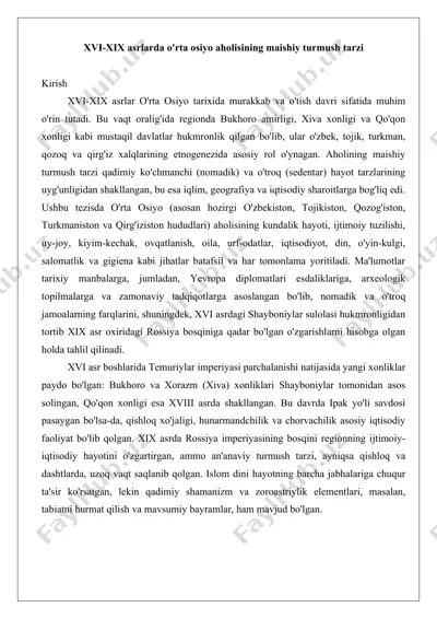 xvi-xix asrlarda o'rta osiyo aholisining maishiy turmush tarzi tezis — DOCX