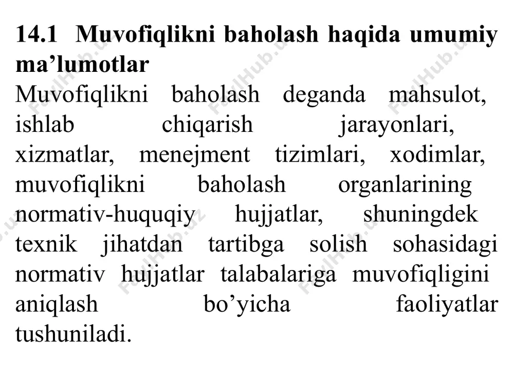 aholash organlarining xizmatlaridan foydalanishga to’siqlar qo’yishga va ular o’rtasidagi raqobatni cheklashga yo’1 qo’ymaslik; muvofiqlikni baholash sohasini davlat tomonidan tartibga solishni quyidagilar amalga oshiriladi: -o‘zbekiston respublikasi vazirlar mahkamasi; - o’zbekiston standartlashtirish, metrologiya va sertifikatlashtirish agentligi; -o‘zbekiston respublikasi sog’liqni saqlash vazirligi; -o‘zbekiston respublikasi davlat arxitektura va qurilish qo‘mitasi; -o‘zbekiston respublikasi tabiatni muhofaza qilish davlat qo‘mitasi - davlat va xo‘jalik boshqaruvi organlari. 14.2 mahsulot sifati tushunchasi mahsulot sifati - o‘z vazifasi (qo‘llanilishi)ga ko‘ra ma'lum darajada muayyan ehtiyojni qondirishga yaroqliligini ko‘rsatadigan xossalari majmuasidir. 14.3 mahsulot sifatining texnik - iqtisodiy ko‘rsatkichlari mahsulot sifatini uning xossalarini son jihatdan xarakterlab, obyektiv baholash mumkin. kvalimetriya mahsulot sifatini aniqlashning nazariy asoslari va son ko‘rsatkichlarini aniqlash usullarini ishlab chiqish bilan shug'ullanadi. kvalimetriyaning asosiy vazifalari quyidagilardan iborat: -mahsulot sifati miqdoriy ko‘rsatkichlarini baholash usullarini ishlab chiqish; -vaqt o‘tishi bo‘yicha mahsulot sifati o‘zgarishini hisobga olish usulini yaratish; mahsulot sifati quyidagi prametrlar bilan xarakterlanadi. 1. mahsulot sifatining yakka ko‘rsatkichlari: mehnat unumdorligi; tezlik; yuk ko‘tarish …
