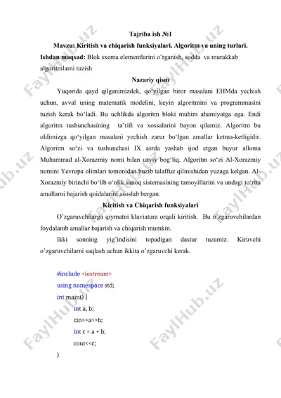 kiritish va chiqarish funksiyalari.algoritm tushunchasi — DOCX