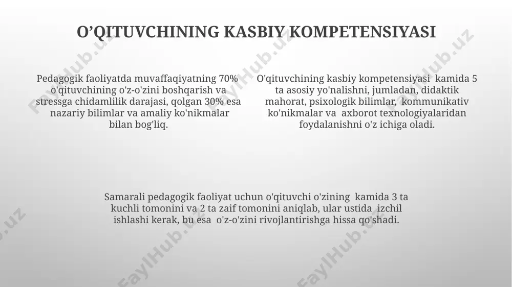 dan yuqori) o’quv jarayonining samaradorligini 20-25% ga oshiradi, shuningdek, o’quvchilar bilan munosabatlarni yaxshilaydi. salbiy emotsional holat, masalan, g’azab yoki tashvish, o’qituvchining pedagogik faoliyatida xatolar sonini 30% ga va o’quvchilarning motivatsiyasining pasayishiga 15% ga olib kelishi mumkin. pedagogik faoliyatda muvaffaqiyatga erishish muvaffaqiyatli pedagogik faoliyat uchun o’qituvchi kamida 5 ta turli o’quv uslublarini qo’llay olishi va o’quvchilarning individual ehtiyojlarini 80% darajasida qondirishi lozim. pedagogik faoliyatda o’qituvchining o’ziga qo’yadigan talablari uning professional rivojlanishining 30%ini tashkil etadi va samarali ta’limning kaliti hisoblanadi. o’qituvchining o’ziga nisbatan yuqori darajada talabchanligi, o’z-o’zini baholashning ob’ektivligi va stressga chidamlilik ko’rsatkichlari bilan to’g’ridan-to’g’ri bog’liq. o’ziga qo’yadigan talablarning shakllanishi o’ziga qo’yadigan talablarning shakllanishi, shaxsning o’z-o’zini anglash darajasi va professional kompetentsiyasi bilan bevosita bog’liq bo’lib, 70% ga yaqinini o’z-o’zini baholash va 30% atrofida tashqi baholash tashkil etadi. pedagogik faoliyatda o’ziga qo’yadigan talablarning yuqori darajasi, ko’pincha stress va professional charchashga (burnout) olib kelishi mumkin, bu esa o’qituvchining salomatligiga salbiy ta’sir qiladi. o’ziga qo’yadigan …