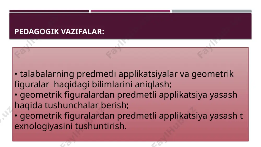 iya ishini bajarishda asosiy e’tibor uning umumiy ko‘rinishiga qaratilishi kerak. yaxshio‘ylangan kompozitsiya, ya’ni tasvirlash lozim bo‘lgan narsalarni joylashtirish applikat siyalar muvaffaqiyatining garovidir. applikatsiya bilan shug‘ullanish o‘quvchilarni garmonik rivojlantirishda katta ahamiyatga ega. applikatsiya ijodni rivojlantirishda katta yordam beradi, tasavvurni boyitadi, kuzatuvchanlik va diqqatni faollashtiradi, irodani tarbiyalaydi, chamalash va rangni sezishni o‘stiradi. e’tiboringiz uchun raxmat image4.png image5.png /docprops/thumbnail.jpeg