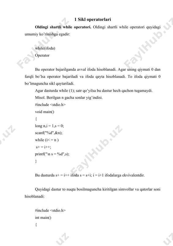 iritilsa sikl to’xtatiladi. qaytarish continue operatori. sikl bajarilishiga ta’sir o’tkazishga imkon beradigan yana bir operator continue operatoridir. bu operator sikl qadamini bajarilishini to’xtatib for va while da ko’rsatilgan shartli tekshirishga o’tkazadi. misol: #include int main() { int n; for(;;) { scanf("%d",&n); if(n == 1||n == 0) continue; break; } printf("sikl tugadi"); return 0; } bu misolda for(;;) operatori yordamida cheksiz sikl hosil qilinadi. agar 1 yoki 0 sonlardan farqli son kiritilsa sikl to’xtatiladi. o’tish operatori goto. o’tish operatorining ko’rinishi: goto . bu operator identifikator bilan belgilangan operatorga o’tish kerakligini ko’rsatadi. misol uchun gotoa1; ;a1:y = 5; strukturali dasturlashda goto operatoridan foydalanmaslik maslahat beriladi. lekin ba’zi hollarda o’tish operatoridan foydalanish dasturlashni osonlashtiradi. misol uchun bir necha sikldan birdan chiqish kerak bo’lib qolganda, to’g’ridan-to’g’ri break operatorini qo’llab bo’lmaydi, chunki u faqat eng ichki sikldan chiqishga imkon beradi. #include int main () { int n = 16,s = 0; int i,j; for(i = …