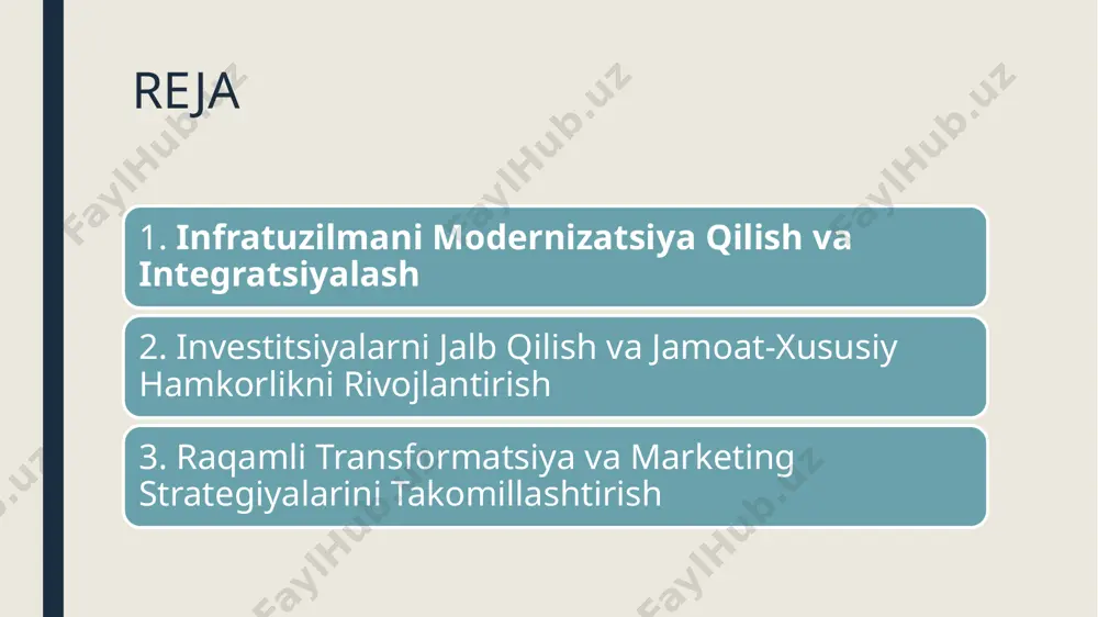 ona boshqaruv tizimi orqali integratsiyalash, turizm xizmatlarining uzluksiz va samarali ishlashini ta’minlaydi. hamkorlik va sinergetik yechimlar: mahalliy boshqaruv organlari, xususiy sektor va xalqaro hamkorlar o‘rtasida strategik hamkorlikni kuchaytirish orqali, turistik infratuzilmani rivojlantirish bo‘yicha birgalikda yechimlar ishlab chiqish. sarmoya muvofiqligini yaxshilash va investitsion muhitni rivojlantirish qonunchilik va soliq imtiyozlari: investitsiyalarni rag‘batlantirish uchun qonunchilik bazasini takomillashtirish, soliq yengilliklari va imtiyozlar joriy etish orqali investorlar uchun qulay sharoit yaratish. moliyaviy qo‘llab-quvvatlash: kreditlar, subsidiyalar va grantlar tizimini ishlab chiqish orqali, loyihalarni moliyalashtirishga yordam berish. risklarni kamaytirish mexanizmlari: investitsiya loyihalarining xavfini baholash va sug‘urtalash tizimlarini joriy etish orqali, investorlar ishonchini oshirish. jamoat-xususiy hamkorlikni (ppp) kengaytirish stratejik hamkorlik tuzilmalarini shakllantirish: mahalliy boshqaruv organlari, davlat agentliklari va xususiy sektor vakillari o‘rtasida doimiy hamkorlik mexanizmlarini ishlab chiqish. loyihalarni birgalikda moliyalashtirish: katta hajmdagi infratuzilma investitsiyalarini amalga oshirishda jamoat va xususiy sektor o‘rtasida risklarni va resurslarni bo‘lishish, shuningdek, loyiha samaradorligini ta’minlash. innovatsion yechimlar: xalqaro tajriba va ilg‘or texnologiyalar asosida, turistik …