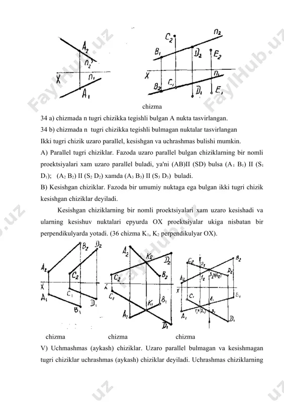 i. 5. tekislikning bosh chiziklari tekislikda yotgan gorizontal, frontal va profil chiziklar xamda tekislikning eng kata ogish (kiyalik) chiziklari shu tekislikning bosh chiziklari deyiladi. tekislikning gorizontallari. 40 chizma 41 chizma tekislikda yotgan va h1 tekislikka parallel bulgan tugri chiziklar tekislikning gorizontallari deyiladi. 40 chizmada izlari bilan berilgan tekislik gorizontallaridan birining proektsiyalari (h1 h2)tasvirlangan. tekislikning frontallari tekislikda yotgan h2 tekislikka parallel bulgan tugri chiziklar tekislikning frontallari deyiladi. 41 chizmada avs uchburchak bilan berilgan tekislikning s nuktasidan utgan frontali tasvirlanadi. frontallarning gorizontal proektsiyasi s1 i1 proektsiyalar ukiga parallel kilib chiziladi, sungra frontallarning frontal proektsiyasi (s2 i2) yasaladi. b) tekislikka parallel tugri chiziklar. nuktalarining xammasi tekislikdan baravar uzoklikda turgan yoki tekislikda yotgan biror tugri chizikka parallel bulgan tugri chizik usha tekislikka parallel buladi. 42 chizmada berilgan (a1 a2) nuktada berilgan (hh1 hh2) tekislikka parallel kilib tugri chizik (h1 h2) utkazish kursatilgan. buning uchun berilgan tekislikda birorta ixtiyoriy tugri chizik (masalan m1 n1 , …