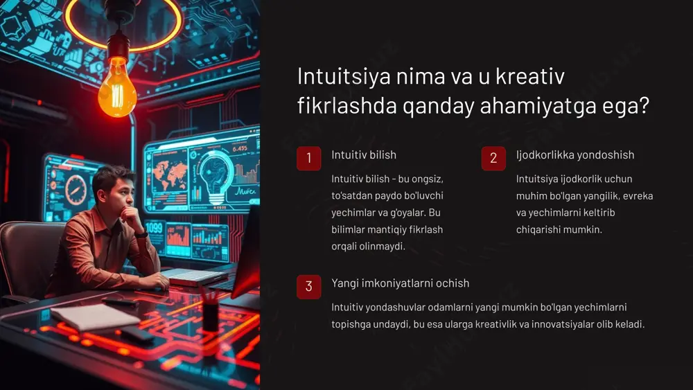 si intuitsiya va kreativlik o'rtasidagi o'zaro ta'sir mexanizmlari kreativ fikrlashni rag'batlantiruvchi psixologik va pedagogik yondashuvlar 8 intuitsiya va mantiqiy fikrlash o'rtasidagi farqlar mantiqiy fikrlash mantiqiy fikrlash bosqichma-bosqich, aniq tushuntirishga asoslangan yondashuvdir. intuitsiya intuitsiya bevosita, ongsiz, holistic tarzda amalga oshadi. sinergiya eng samarali yechimlar mantiqiy fikrlash va intuitsiya o'rtasidagi sinergiya asosida yuzaga keladi. 9 intuitsiv yondashuvning ijodiy jarayondagi ahamiyati 1 yangi g'oyalar intuitsiya yangicha fikrlash va kutilmagan yechimlarni yaratish imkonini beradi. 2 tezkor qarorlar intuitsiya yordamida ijodkorlar muammolarni tezroq hal qila olishadi. 3 ijodiy muvaffaqiyat intuitiv yondashuv ijodiy jarayonlarni jonlantiradi va yaratuvchilarni ilhomlantiradi. 10 intuitsiyani rivojlantirishning asosiy usullari 1 diqqatni markazlashtirish vaqt o'tishi bilan diqqat va e'tiborni o'zingizga va ichki olaminizga qaratish intuitsiyani rivojlantiradi. 2 tashvishlardan qutulish ichki tinchlik va xotirjamlikni saqlab qolish intuitsiya uchun qulay sharoitlar yaratadi. 3 hayotiy tajribani kengaytirish turli xil hayotiy tajribalar intuitsiyani boyitadi va ochiqlikni ta'minlaydi. 11 intuitsiyani rivojlantirishga qaratilgan amaliy mashqlar diqqatni jamlash ongli diqqatni …