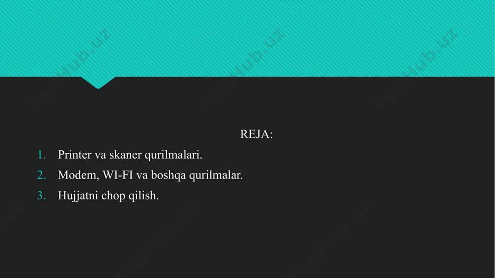 da telfon raqamini band qilmaydi. gpon modemlar optic tola kanallaridan foydalanib internetga bog’lanishni ta’minlaydi. axborot uzatish tezligi 1 gbit/sekundgacha yetishi mumkin (provayder imkoniyati doirasida). 3g(4g) usm modem sim kart asosida internet tarmog’iga kirish imkonin beradi, axborot uzatish tezligi 24 mbit/sekundgacha yetadi. wi-fi qurilmasi modemdan foydalanib, malumotlarni radio to’liq shaklida tarqatadi. yani internetni boshqa foydalanuvchilarga bo’lishadi. axborotuzatish tezligi 300 mbit/ sekundgacha bo’lishi mumkin. qamrov doirasi qurilmaning imkoniyatlariga qarab 25 metrdan 150 metr radiusdagimaydonni qamrab olishi mumkin. to’liq to’siqlarga ta’sirchan. hub qurilmasi- local tarmoq hosil qilish uchun qo’llaniladi. tarmoq bunda bir necha kompyuterlarni aloq almashtirish maqsadida birlashtirilishi tushuniladi. lokal tarmoqda axborot almashinish tezligi 1gbit/ sekundgacha yetishi mumkin. qurilmaning imkoniyatiga qarab 4 dan 32 tagacha kompyuterlarni bitta tarmoqga bog’lash mumkin. shuningdek web kamera, flesh xotir, audio tizim, tv-tuner, video proyektor, dvd-rom, (3v1), grafik planshet va boshqa qo’shimcha qurilmalar mavjud. topshiriq va savollar: printerning vazifasini ayting? web kamera nima vazifani bajaradi? flesh xotira bilan …
