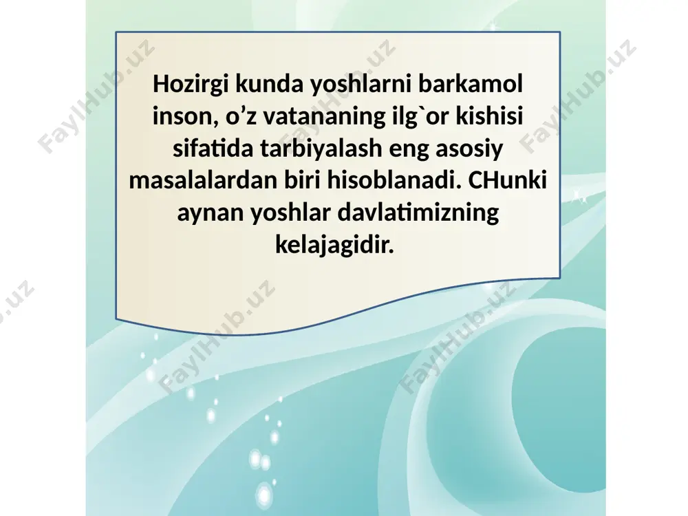 amal qilish kabilar. *o’zbek milliy mentaliteti va jahon tsivilizatsiyasi yutuqlariga tayanadigan ma`naviy qadriyatlar tizimini mustahkamlash; *sharq mutafakkirlari asarlarida ko’tarilgan komil inson g`oyasi ta`limotlariga amal qilish; ma`naviy-axloqiy odatlarni tarbiyalashda quyidagi vazifalar hal etilishi lozim: image1.jpeg audio1.wav image2.wmf image3.png image4.png image5.png image6.png image7.png