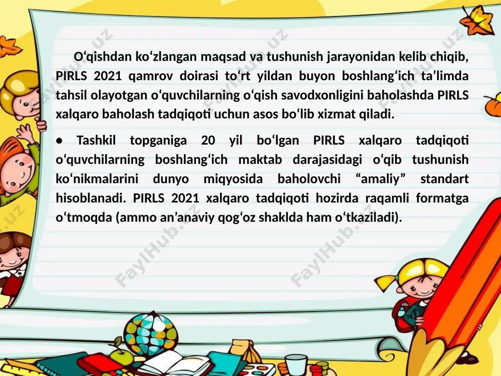 agi o‘qish mashg‘ulotlarida kompyuterlardan foydalanish sinfxonalarida o‘quvchilar elektron matnlarni o‘qishlari uchun kompyuterlarning mavjudligi o‘quvchilarning ilmiy izlanish qilish ko‘nikmalarini rivojlantirishda va ularning savodxonlik darajalarini oshirishda muhim ahamiyat kasb etmoqda. kompyuter va planshet kabi texnik vositalarni mavjudligi o‘qituvchilarga o‘quvchilarning onlayn o‘qish strategiyalari bo‘yicha ko‘rsatmalar berishga imkon beradi. 2001-yildan buyon pirls xalqaro tadqiqotida o‘qituvchilardan sinfxonalarda o‘quvchilarni kompyuterlardan foydalanish imkoniyatlari mavjud yoki mavjud emasligi haqida so‘raladi pirls 2021 tadqiqotida o‘quvchilarni texnik vositalar bilan ta’minlanganligi har bir o‘quvchida raqamli (elektron) qurilma borligi, sinfda o‘quvchilarning foydalanishlari uchun elektron vositalarning mavjudligi yoki o‘quvchilar o‘zlarining elektron qurilmalarini maktabga olib kelishi mumkinligi kabilar bilan izohlanadi. image1.jpeg image2.jpeg image3.jpeg image4.jpeg image5.jpeg image6.jpeg image7.jpeg image8.jpeg