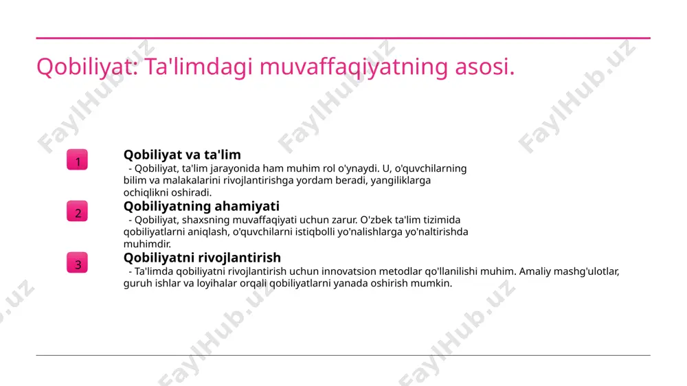 ol o'ynaydilar, o'zaro aloqalarni rivojlantiradilar. o'zbek ta'limida qobiliyatlarning rivojlanishidagi muhim omillar. 1 ta'lim tizimi o'zbek ta'lim tizimi qobiliyatlarni rivojlantirishda muhim rol o'ynaydi. innovatsion yondashuvlar va metodologiyalar talabalarni qobiliyatlarini oshirishga yordam beradi. 2 o'qituvchilarning roli malakali o'qituvchilar qobiliyatlarni aniqlash va rivojlantirishda muhim ahamiyatga ega. ularning pedagogik mahorati talabalarning muvaffaqiyatiga bevosita ta'sir qiladi. 3 resurslar va infratuzilma ta'lim resurslari, jumladan, zamonaviy texnologiyalar va infrastruktura, qobiliyatlarni rivojlantirishda muhim ahamiyatga ega. bular talabalar uchun yangi imkoniyatlar yaratadi. 4 ijtimoiy muhit ijtimoiy muhit va tug'ilgan joy qobiliyatlarning rivojlanishiga ta'sir ko'rsatadi. oila, do'stlar va jamiyatning qo'llab-quvvatlashi talabalarning muvaffaqiyatiga hissa qo'shadi. qobiliyatlar: o'zbek ta'limi tizimida tengdoshlararo ta'sir. qobiliyat va ijtimoiy muhit kooperativ ta'lim raqobat va motivatsiya o'zbek ta'lim tizimida qobiliyatlar ijtimoiy muhit bilan mustahkam bog'liqdir. tengdoshlar o'rtasidagi o'zaro ta'sir qobiliyatlarning rivojlanishiga ijobiy ta'sir ko'rsatadi. tengdoshlararo kooperatsiya orqali o'qish, qobiliyatlarni oshirishga yordam beradi. talabalar bir-biridan o'rganish, malakalarni baham ko'rish imkoniyatiga ega bo'lishadi. tengdoshlar o'rtasidagi sog'lom raqobat talabalarni ko'proq …