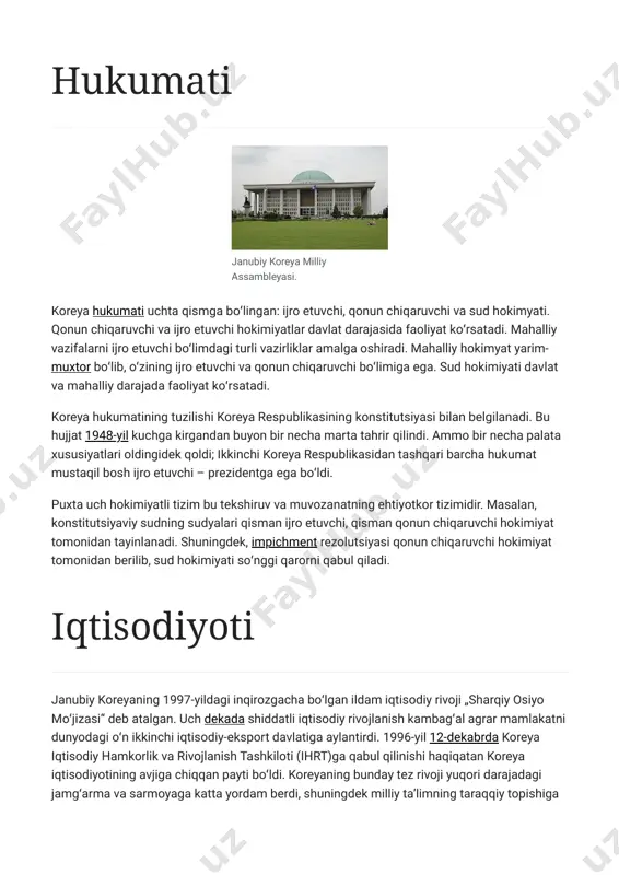 sud hokimiyati soʻnggi qarorni qabul qiladi. janubiy koreyaning 1997-yildagi inqirozgacha boʻlgan ildam iqtisodiy rivoji „sharqiy osiyo moʻjizasi“ deb atalgan. uch dekada shiddatli iqtisodiy rivojlanish kambagʻal agrar mamlakatni dunyodagi oʻn ikkinchi iqtisodiy-eksport davlatiga aylantirdi. 1996-yil 12-dekabrda koreya iqtisodiy hamkorlik va rivojlanish tashkiloti (ihrt)ga qabul qilinishi haqiqatan koreya iqtisodiyotining avjiga chiqqan payti boʻldi. koreyaning bunday tez rivoji yuqori darajadagi jamgʻarma va sarmoyaga katta yordam berdi, shuningdek milliy taʼlimning taraqqiy topishiga hukumati iqtisodiyoti https://uz.m.wikipedia.org/wiki/fayl:seoul-national.assembly-01.jpg https://uz.m.wikipedia.org/wiki/fayl:seoul-national.assembly-01.jpg https://uz.m.wikipedia.org/wiki/hukumat https://uz.m.wikipedia.org/wiki/muxtoriyat https://uz.m.wikipedia.org/wiki/1948-yil https://uz.m.wikipedia.org/wiki/impichment https://uz.m.wikipedia.org/wiki/dekada https://uz.m.wikipedia.org/wiki/12-dekabr ragʻbat boʻldi. shuning evaziga bugungi kunda bir qancha yosh oʻgʻil-qizlar dunyoning eng nufuzli oliygohlarida taʼlim olishmoqda. lekin rivojlanishga boʻlgan yoʻl oson boʻlmadi. bu yoʻlga erishish turli qiyinchiliklarni yengib oʻtishni talab etdi. 1945-yili yaponiya qaramligidan ozod boʻldanidan soʻng milliy iqtisodiyotni rivojlantirish xalqning hayot-mamot masalasiga aylandi. tabiiy boyliklarning cheklanganligi, ichki bozorning zaifligi va iqtisodiy rivojlanish tajribasiga ega boʻlmasligiga qaramay, koreya milliy iqtisodiyotning barqaror va mustaqil rivojlanishini amalga oshirdi. 1950—1953-yillarda boʻlib oʻtgan koreys urushi janubiy …