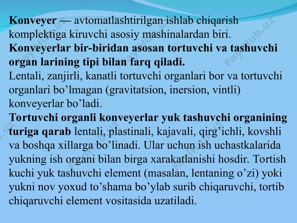 anligi uchun bu vosntalarni sullash maksadga muvofikdir. quzgalmas va kutarma platformali elektr aravachalar (elektr karlar) yuklarni sex ichida va sexlararo tashishda keng qullani- ladi. ular ikki tipda: operator uchun o’rindiqli va zinapoyali (o’rindiqsiz) bo’ladi. v) a — o’rindiqsiz; b — o’rindiqli; v — yukni past operator uchun urindigi bor aravacha (28-racm, b) kuyidagi- cha yigilgan. aravachaning barcha uzellari rama 9 ga maxkamlan­gan, bu rama platforma 6 da tashilayotgan yukdan tushuvchi nag- ruzkani o’ziga sabul qilib, uni ressorlar orsali old boshk,ari- ladigan rama l ga va etakchi ketingi ko’prik 7 ga utkazadi. ichiga reduktor o’rnatilgan elektr dvigatel ketingi ko’prikka maxkamlangan. bu aravachada akkumulyatorlar batareyasi 10 old tomonda, operator urindigi 4 ning yon tomonlarida joylashgan. v) a — o’rindiqsiz; b — o’rindiqli; v — yukni past­ 29- rasm. elektr tyagach e’tiboringiz uchun raxmat!