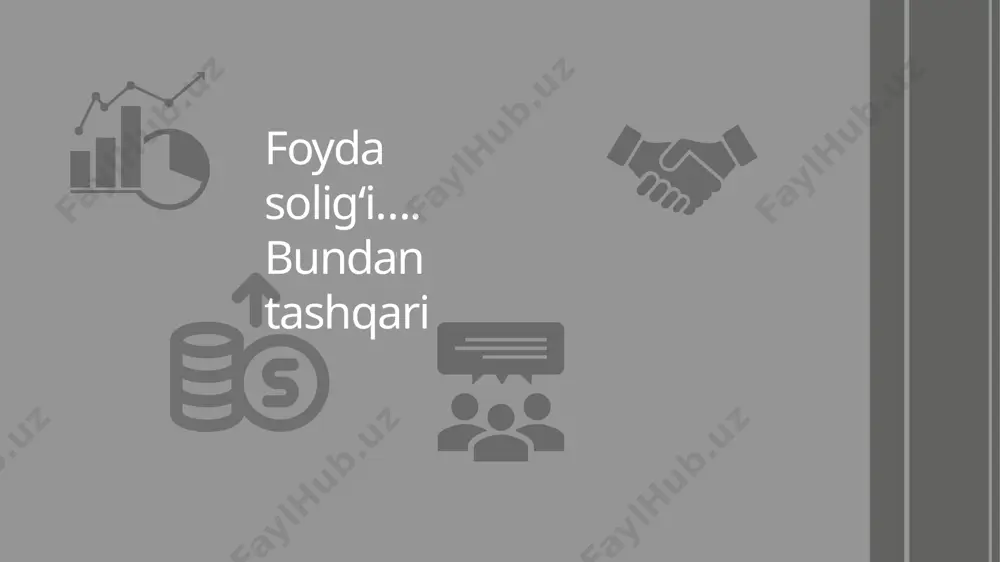 ydi. soliq toʻlovchi tomonidan olingan foyda foyda soligʻi boʻyicha soliq solish ob’yekti hisoblanadi. foyda soligʻi ob’yekti quyidagilar foyda deb e’tirof etiladi yuridik shaxs uchun - ushbu boʻlimda nazarda tutilgan jami daromad va xarajatlar oʻrtasidagi farq; faoliyatni doimiy muassasa orqali amalga oshiruvchi norezident uchun - skning 49-bobida belgilangan oʻziga xos xususiyatlar inobatga olingan holda, ushbu boʻlimda nazarda tutilgan doimiy muassasaning faoliyati bilan bogʻliq boʻlgan jami daromad (shu jumladan bunday doimiy muassasaning faoliyati bilan bogʻliq boʻlgan, oʻzrdan tashqaridagi manbalardan olingan daromadlar) va xarajatlar oʻrtasidagi farq; foyda soligʻi ob’yekti quyidagilar foyda deb e’tirof etiladi norezident uchun - skning 50-bobida belgilangan xususiyatlar inobatga olingan holda, oʻzrdagi manbalardan olingan daromadlar; yakka tartibdagi tadbirkor uchun - skning 51-bobida belgilangan oʻziga xos xususiyatlar inobatga olingan holda, ushbu boʻlimda nazarda tutilgan jami daromad va xarajatlar oʻrtasidagi farq foyda soligʻi ob’yekti quyidagilar foyda deb e’tirof etiladi zimmasiga oddiy shirkat ishlarini yuritish yuklatilgan shaxs uchun - birgalikda ishlab chiqarilgan tovarni …