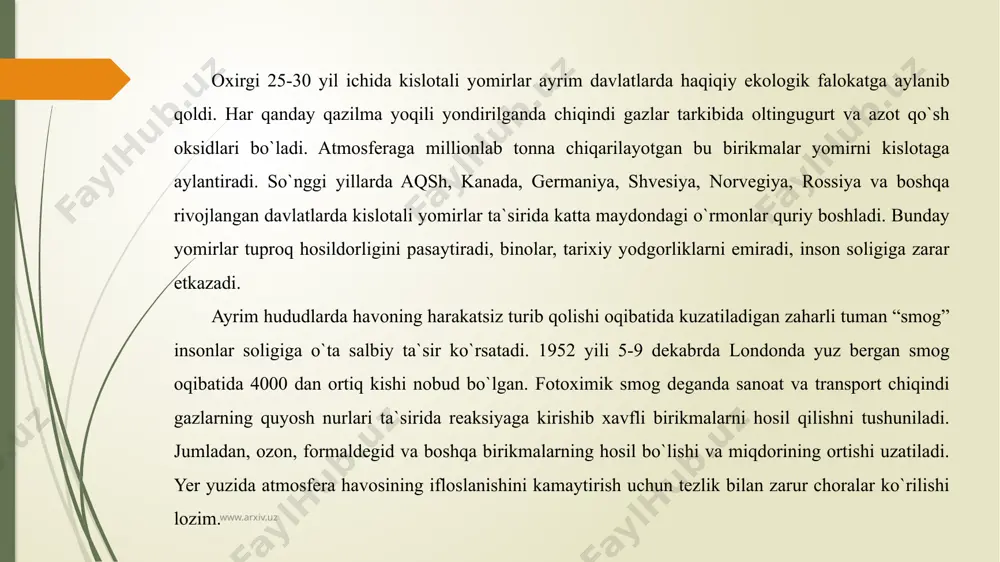 gdek, o'zbekistondagi sirdaryo, zarafshon, chirchiq kabi daryolar, ulardan tarqalgan ariqlarning suvi xam sanoat korxonalari va xonadonlardan chiqqan axlatlarni to'kilishidan ifloslangan, ba'zilarida hatto biron tirik organizm yashashi uchun sharoit yo'q. hozirgi davrda sayyoramizda ichimlik suvi etishmasligidan 2 mlrd.kishi qiynalyapti. birlashgan millatlar tashkiloti (bmt) ning bosh kotibi kofi annanning fikricha, 2015 yilda sayyoramizdagi aholining yarmi ichimlik suvi etishmasligidan qiynalib qoladi, 2025 yilda esa sayyoramiz aholisini uchdan ikki qismiga ichimlik suvi etmay koladi. odam soni hozirgi darajada ko'payib borsa, bu 7,5 mlrd.kishini tashkil etadi. hozirgi vaqtda dunyo bo'yicha 1 trillion dollar miqdorda ichimlik suvi idishlarga solib sotilmoqda. yana 10 yildan sung, ichimlik suvini sotilishi 15 trillion dollarga ko'payadi. bu neft mahsulotlarini sotishdan olinadigan daromadni 40 foizini tashkil etadi. shuni ta'kidlash kerakki, suvni neftga o'xshash qayta ishlash zarurati bo'lmaydi. kelgusida ichimlik suvi zapasiga ega bo'lgan mamlakatlar suvni sotib, katta daromad ko'radilar, ammo ichimlik suvi kam bo'lgan mamlakatlar katta iqtisodiy zarar ko'radilar. www.arxiv.uz www.arxiv.uz suvga …