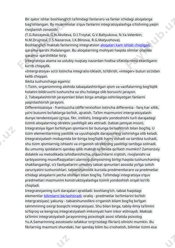 eduktsiya, induktsiya, sintez, umumlashtirish, konkretlashtirish, taqqoslash taklida ifodalaydidar. barcha mantiqiy jarayonlar uslubning mazmun bilan uzviy bog‘langan ichkn tomonini tashkil qiladi. boshlang‘ich sinflarda o‘quv jarayoni foydalanilayotgan usul, uslub va shaklarining turli tumanligi bilan ajralib turadi. mamlakatimizda amalga oshirilayotgan yangi o‘quv rejalari va dasturlariga o‘tish davrida jamiyat va atrof-muhit o‘rtasndagi aloqalarni uyg‘unlashtirish, atrof-muhitga jiddiy munosabatni o‘rnatish va shakllantirish masalalari muhim ahamiyat kasb etadi. atrof-muhitga jiddiy munosabatlarning poydevori boshlang‘ich sinflarda o‘rgataladi. shuning uchun iqtisodiy ta’limning natijasi maktab ta’limining birinchi bosqichiga bog‘liq. yangi psixologik-pedagogik tadqiqotlar kichik yoshdagi maktab o‘quvchilarining bilish faoliyatlari cheklaiganlngi haqida ilgarngi tushunchalarni ko‘rib chiqishga imkon beradi. bu boshlang‘ich iqtisodiy ta’limning barcha tarkibiy qismlarini o‘zgartirish va yangilashga asos yaratadi. boshlangich sinf o‘quvchilarining yosh xususiyatlariga javob beradigan va dars talablariga mos keladigan, maqsadni aniqlash bunday yangilanishning asosiy masalasidir. xix-xx asrlar oralig‘ida pedagogikada kichik maktab o‘quvchilarining tabiiy muhit bilan tanishtirishning integratsiyalangan kursini yaratish fikri paydo bo‘lgan. bu fikr a.ya.gerd, d.n.kaygorodov, a.p.pavlov komlari bilan bog‘liq …