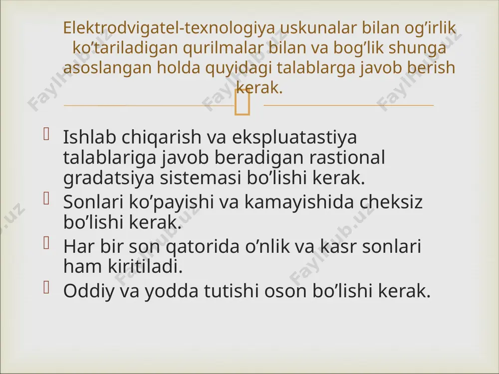 , materiallar, yarimfabrikatlar va to’ldiruvchi buyumlar sifatiga talablar belgilash; buyumlarni vazifasi va ishlatish sharoitlariga qarab mahsulot sifat ko’rsatkichlari umumiy tuzilishini, nazorat va tekshirish usul va vositalarini aniqlash; ishlab chiqarish jarayonlarini mexanizastiyalash va avtomatlashtirish, ishlab chiqarishni ihtisoslashni muhim sharti sifatida sanoat mahsulotlarini, xususan mashina, asbob va uskunalarni agregatlashtirishni rivojlantirish; xalq iste’moli mollari sifatini oshirish, ularning assotimentini yaxshilash va kengaytirish, shuningdek optimal sifatdagi mahsulotni ta’minlash uchun loyixalash va ishlab chiqarish sohasida qoida, talab va usullarni belgilash; davlatda bir xil va to’gri ulchovlarni ta’minlash, o’lchov birliklarida davlat etalonlarini tuzish va takomillashtirish; barcha mahsulotlarni xujjatlashtirish, sinflash va kodlash, shuningdek texnik-iqtisodiyi ma’lumotlarni yagona tizimlarini belgilash; xalq xo’jalik tarmoqlarida, shuningdek fan va texnikaning eng muhim sohalarida yagona ibora, belgi va o’lchamlarni belgilash; standartlash bo’yicha halqaro tashkilotlar ishida qatnashgan holda tashqi savdo uchun yaxshi sharoitlarni yaratish. standartlashning asosiy vazifalariga quyidagilarni kiritish mumkin:  e`tiboringiz uchun raxmat!  image4.jpeg image5.png image3.jpeg