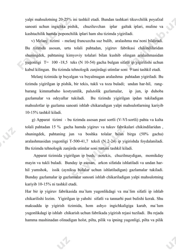 ning kariyib 10-15% ni tashkil etadi. har bir ip yigiruv fabrikasida ma`lum yugonlikdagi va ma`lim sifatli ip ishlab chikarilishi lozim. yigirilgan ip yahshi sifatli va tannarhi past bulishi kerak. shu maksadda ip yigirish tizimida, hom ashyo ingichkaligiga karab, ma`lum yugonlikdagi ip ishlab chikarish uchun fabrikada yigirish rejasi tuziladi. bu rejada hamma mashinadan olinadigan holst, pilta, pilik va ipning yugonligi, pilta va pilik ipning pishitilish koefficienti 1 m ga tugri keladigan buramlar soni, chuzish kattaligi va mashinalardagi asosiy ishchi organlarning tezligi kursatiladi. yigirish rejasi kanchalik anik va mukammal tuzilsa, fabrika shunchalik samarador ishlaydi. tolasining uzunligi 30/33 mm bulgan bazaviy sortli urta tolali pahtadan karda tizimida va ingichka tolali kayta tarash tizimida olingan, yugonligi 18.5 - 100 teks (n 54-10). yugonlik 18.5 teksli (n = 54) tanda ipini yigirish rejasi. т/р mashinalar mahsu- lotning yugonligi teks (№) chuzish marta kushi- lishlar soni pishi- tish koef. 1 m.ga tugri kelad. buram soni tezlik …