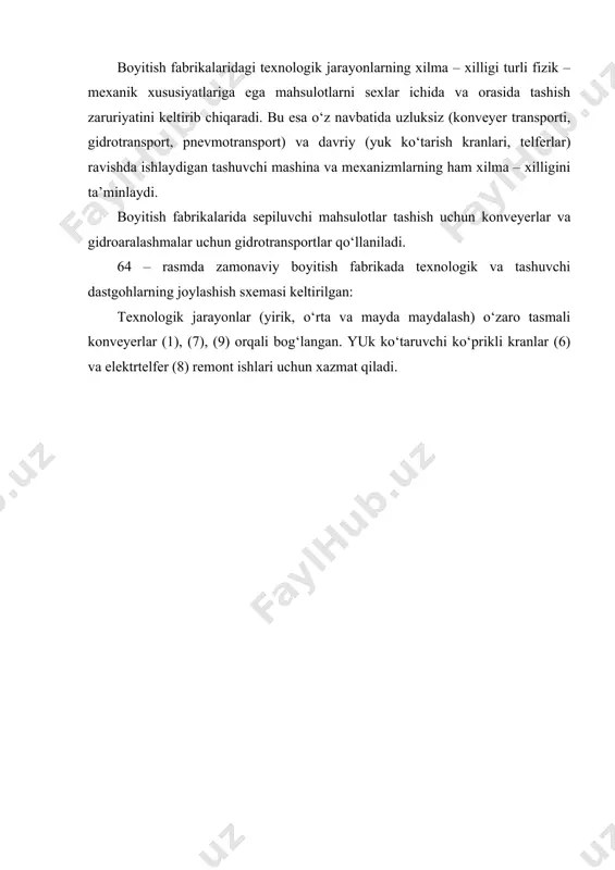 ari statsionar konveyerlar hisoblanadi. siljiydigan konveyerlar mahsulotni bir chiziqda joylashgan bir nechta punktlarga berishga ishlatiladi. siljiydigan mexanizmlar turli yordamchi, yuklovchi, bo‘shatuvchi va ta’mirlash ishlarida qo‘llaniladi. tasma. konveyerning ishlatilish maqsadiga ko‘ra tasma suyab turuvchi roliklarning shaklini egallab tekis yoki novsimon (nov shaklidagi) bo‘lishi mumkin. (65-rasm). novsimon tasma sepiluvchi mahsulotni tashishda ishlatiladi. tasmalar rezina va po‘latdan tayyorlanadi. boyitish korxonalarida rezinalangan novsimon tasmalar ishlatiladi. bunday tasmalar karkas-o‘zak va rezina qoplama (3) lardan tashkil topgan. karkas tayanch kuchlanishning o‘ziga oladi, rezina qoplamalar esa uni ishqalanish va shikastlanishdan saqlaydi. karkas bir – biri bilan qalinligi 0,2 – 0,3 mm li rezina qatlamlari bilan bog‘langan bir nechta qistrma (prokladka) larga ega. qistrma sifatida ish – gazlama mato – belting yoki lavsan, kapron, neylonga o‘xshash sintetik materiallar ishlatiladi. yuqori barqarorlikka ega tasmalarda 1-2 qatlam qalin bo‘lmagan mato (breker) va bortlarni mustahkamlash ko‘zda tutiladi. og‘ir sharoitlarda ishlashga mo‘ljallangan tasmalar ikki qavat brekerga ega bo‘ladi. 65-rasm tasmali konveyerlarning sxemasi. …