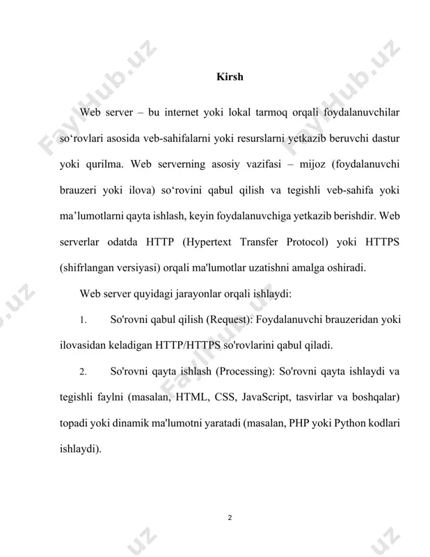 a mijozlarga xizmat ko'rsatadi. 1. web serverlarning turlari, tuzilishi va ishlash prinsiplari web serverlar turli xil dasturiy ta'minot platformalari asosida qurilgan bo‘lib, ularning har biri o‘ziga xos imkoniyatlarga ega. eng keng tarqalgan web serverlar quyidagilar: apache http server (apache): dunyoning eng ommabop va keng qo‘llaniladigan ochiq manba kodli web serverlaridan biri. linux va windows tizimlarida ishlaydi. modul va kengaytma yordamida qo'shimcha funksiyalar qo'shilishi mumkin. nginx: apache’dan keyingi eng keng qo‘llaniladigan web server, resurslarni samarali ishlatishi va katta trafikni qayta ishlash qobiliyati bilan ajralib turadi, ko‘pincha statik kontent (html, css, js) va ommaviy ilovalar uchun ishlatiladi. microsoft internet information services (iis): microsoft tomonidan ishlab chiqilgan va windows muhitida ishlaydigan web server. asp.net texnologiyalari bilan chuqur integratsiyalangan. foydalanishga tayyor va o‘rnatilishi oson, biroq windows os’ga xosdir. litespeed: apache-ga muqobil bo‘lib, tezlik va resurslardan samarali foydalanishda yuqori ko‘rsatkichlarga ega. asosan yuqori trafikga ega veb-saytlar va hosting kompaniyalari tomonidan foydalaniladi. web serverning tuzilishi: · …