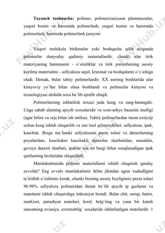 g`idan) izolyasiya lentasi, sun`iy shoyi, sinmaydigan shisha, qog`oz va boshqa narsalar tayyorlash mumkin. joyi kelganda shuni ham aytish kerakki paxtaning urug`i, ya`ni chigitda juda ko`p miqdorda yog` bor paxta yoki ozuq-ovkatlarni tayyorlashda ishlatilishidan tashqari undan gleserin stearin, alif, surkovchi moylar va sovunlar tayyorlanadi. g`o`za-poya va paxta chanog`ini qayta ishlab qog`oz, lak, spirt va boshqa mahsulotlar olish mumkin. uning juda ko`p miqdori yoqilg`i sifatida qishloqlarimizda ishlatilishini o`zingiz kuzatgansiz. kauchuk beruvchi daraxtlar xududumizda usmaydi, lekin olimlar izlanishi natijasida shu bizga ma`lumki o`rta osiyoda o`sadigan ba`zi o`simliklar-monomerlar kerak. monomer deb-shunday quyi molekulali birikmalarga aytiladiki ular to`yinmagan (ko`sh yoki uch) bog`larga ega yoki funksioyali gruppalar –ch2oh, –cooh va boshqalarga ega. masalan,bifunksiyali monomerlar: etilenglikol, geksametilendiamin, tarkibida ko`sh bog` tutgan monomerlar ham bifunksiyali bo`ladi. masalan,trionsan. uch funksiyali monomerga gliserin misol bo`ladi. bifunksiyali monomerlar ta`sirlashganda chizikli tuzilishga ega bo`lgan polimerlar hosil bo`ladi. agar funksiyali gruppalar ikkidan ko`proq bo`lsa, tarmoqlangan yoki fazoviy tuzilishga ega bo`lgan polimer molekulalari hosil …