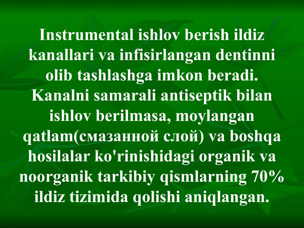 ri-darmonlarga qo’yiladigan talablar: tishning rangini o'zgartirmasligi, oqartiruvchi ta'sirga ega bo’lishi; bemor va tibbiy xodimlar uchun xavfsiz bo'lishi; proteolitik ta'sirga va organik to'qima qoldiqlarini eritib yuborish qobiliyatiga ega bo’lishi; kimyoviy ta'sirga chidamli, uzoq muddatli saqlash vaqtida o'z faolligini saqlab qolishi; hidi va o'ziga xos ta'mi bo’lmasligi. kanallarni medikamentoz davolash uchun dorilarning sistematikasi gemostaz uchun suyuqlik; ildiz kanalini kengaytirish uchun vositalar; ildiz kanalini yuvish va antiseptic ishlov berish uchun vositalar; antiseptik bog’lamlar(vaqtinchalik ildiz plombalari) gemostaz uchun suyuqliklar: kanal - c (kanal - stas, vladmiva); kopramin (vladmiva); gemofobin (septodont) ildiz kanalini yuvish va antiseptik ishlov berish uchun vositalar ildiz kanalini doimiy yuvish quyidagilar uchun kerak: uni dentin qipiqlaridan tozalash; uni yumshoq to'qimalarning qoldiqlaridan tozalash (pulpa, pulpa parchalanishi); organik parchalarning erishi; magistral kanal va mikrokanal tizimini zararsizlantirish; ildiz kanalidagi asbobning sirpanishini yaxshilash. preparatlar oksidlovchi moddalar (vodorod periksidi, karbamid peroksidi va boshqalar) galogenlangan (natriy gipoxlorit, parkan, xloramin, yodinol) proteolitik fermentlar xelat agentlari (edta) organik kislotalar …