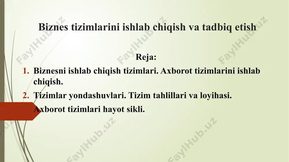r. rivojlanishga bo‘lajak foydalanuvchilarni jalb qilish integrator kompaniyasi tomonidan avtomatlashtirilgan avtomatlashtirish bo‘yicha ishlarni amalga oshirishda mijoz kompaniyasining axborot texnologiyalari bo‘limlari funktsiyalari o‘zgaradi va ularning korxonani boshqaruvning progressiv usullariga o‘tish jarayonidagi roli oshadi. loyihani amalga oshirish jarayonida bo‘limlarning xodimlari ishlab chiquvchilar bilan birgalikda ma’lumotlar va modellar bilan ishlashadi, texnologik yеchimlarni tanlash bo‘yicha qaror qabul qilishda ishtirok etishadi va eng muhimi yеchim yetkazib beruvchilar va korxona ishchilarining o‘zaro munosabatlarini tashkil qilishadi. axborot tizimining ishlashi davomida tizimga texnik xizmat ko‘rsatish va qo‘llab-quvvatlash avtomatlashtirilgan boshqaruv tizimi xodimlarining yеlkasiga tushadi (agar yetkazib beruvchi bilan qo‘llab-quvvatlash shartnomasi tuzilmagan bo‘lsa). so‘nggi yillarda buxgalteriya hisobi va menejment sohasida katta hajmdagi ma’lumotlarga ishlov berish, taqsimlangan tizimlarni yaratish, shuningdek boshqa tizimlar bilan yetarlicha integratsiyalashgan holda fayl-server tizimlariga qaraganda ko‘proq imkoniyatlarga ega bo‘lgan mijoz-server dasturlariga talabning o‘sishi barqaror tendentsiyasi kuzatilmoqda. iqtisodiyotda axborot komplekslarida tizimlashtirish jarayonlari juda samarali hisoblanadi. buni misoli ta’riqasida iqtisodiy sohani avtomatlashtirish jarayonida ko‘rishimiz mumkin. axborot komplekslarida tizim tuchunchasi, …