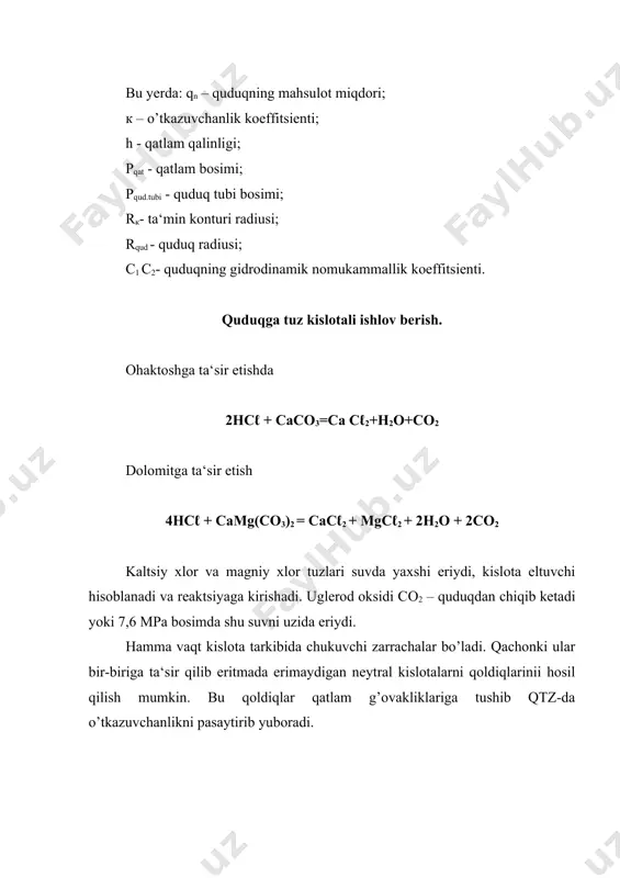 adi. agarda tarkibida neytralli aralashmalar ko’p bo’lsa juda qovushqoq bo’ladi. qaysiki qatlam g’ovakliklaridan chiqishini qiyinlashtiradi. xlor kislotasining (hcℓ) 15% – tayyorlanmasi –32.8 0c-da muzlaydi. shuning uchun bunday aralashmalar maxsus yoki laboratoriyada tayyorlanadi. hcℓ- eritma tarkibiga quyidagi reagentlar qo’shiladi. 1. ingibitor- jihozlarni korroziya qarshi himoya qiladi. ingibitor yordamida hcℓ-xlor kislotasi tashiladi, qayta haydaladi va saqlanadi. odatda ingibitorlar ingibitor turiga muvofiq va boshlang’ich kontsentratsiyaga bog’liq holda 1% - gacha qo’shiladi. ingibitor sifatida quyidagilardan foydalaniladi: formalin (0,6%), korroziya faolligini 7-8 marta pasaytiradi; unikal – yopishqoq to’q-jigar suyuqlik (misol unikol pb-5) (0,25-0,5%), korroziyaga qarshi faollikni 30-42 marta oshiradi. unikol suvda erimaydi, neytral kislota aralashmasi tarkibidan cho’kmaga tushadi. shuning uchun uning kontsentratsiyasini 0,1% gacha qaysi korroziyaga qarshi himoya aktivligi - 15 martagacha. yuqori harorat va bosimda qo’llaniladigan ingibitorlar ishlab chiqilgan bo’lib reagent i-1-a (0,4%) – urotropik (0,9%) aralashmasi korroziyaga qarshi faollikni (t=870c dgf p=38 mpa) 20-marta oshiradi. katapin – a ingibitori eng yaxshi hisoblanib, 0,1% …