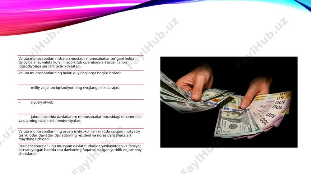 n kelib chiqqan holda, tijorat banklari, jismoniy shaxslar va xo’jalik yurituvchi subyektlarning tashqi iqtisodiy faoliyatini tartibga soluvchi o’zbekiston respublikasi markaziy bankining qator me’yoriy hujjatlari va yo’riqnomalari mavjud. zamonaviy sharoitda valuta jarayonlarini tartibga solish valuta cheklovlari va soliqlarni hisobga olmagan holda valuta kurslarini tartibga solish bilan bog’liq. bunday tartibga solishning amaliy instrumentlari davlatda unchalik ko’p emas, ular rasmiy intervensiya deb atalmish valuta bozori mexanizmiga to’g’ridan to’g’ri aralashuv va pul-kredit munosabatlarini tartibga solishning an’anaviy uslublaridan iborat. valuta jarayonining muvozanatsizligi, valuta kurslarining nazoratsiz ko’tarilishi va pasayishi iqtisodiyotga tobora kuchayib boruvchi salbiy ta’sir ko’rsatadi. jumladan: – birlamchi ehtiyoj mollari bahosining oshishiga va mehnatkashlar iqtisodiy ahvolining yomonlashuviga olib keluvchi import qilinayotgan inflyatsiya; – milliy valuta kursining nisbatan o’sganligi oqibatida mamlakat tashqi raqobatdoshligining pasayishi; – valuta zararlari oqibatida banklar va kompaniyalar moliyaviy holatining muvozanatsizligi; – rasmiy iqtisodiy siyosat samaradorligining pasayishi va shu kabilar. valuta muvozanatsizligini davlat tomonidan cheklash bilan bog’liq harakatlari amaliyotda qator qiyinchiliklarga duch keladi: …