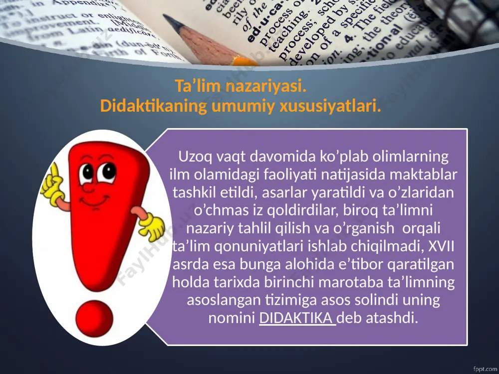 yati va uning vazifalari. o’qitish jarayoni uchta vazifani bajaradi: ta’limiy, tarbiyaviy va rivojlantiruvchi ta’limiy vazifasi o’quvchilarda bilim, ko’nikma, malaka va kompetentsiyalarni shakllantirishdan iborat. o’qitish natijasi sifatida bilimlarining to’liqligi, chuqurligi, tizimliligi, anglanganligi, mustahkamligi va amaliy xususiyat kasb etishi muhimdir. tarbiyaviy vazifasi ta’lim jarayonida shaxsning ma’naviy-axloqiy va estetik tasavvurlari, xulq-atvori va dunyoqarashi shakllantirilishida o’z ifodasini topadi. rivojlantiruvchi vazifasi o’quvchi nutqining, fikrlashi, shaxsning sensorli va harakatlanish sohalari, emotsional irodaviy, intellektual sohalarini rivojlantirishda o’z aksini topadi. “musobaqa” metodi maktabda elektr toki o`chib qoldi. dars tugaganda siz qo`ng`iroq chalishingiz kerak. qanday usullardan foydalanasiz? ta’limga qo’yiladigan zamonaviy talablar ta’lim mazmunining barcha elementlarining jamiyat, fan, madaniyat va shaxs rivojlanishi talablariga mos bo’lishi tamoyili. bu tamoyil ta’lim mazmuniga an’anaviy bo’lgan bilim, ko’nikma va malakalar bilan birga jamiyatning rivojlanganligi, ilmiy bilim, madaniy hayot darajasi va shaxsning rivojlanish imkoniyatlarini aks ettiruvchi fanlarni kiritishni talab etadi. ta’lim qonuniyatlari va tamoyillari. ta’lim jarayonining tarkibiy qismlari orasidagi ob’ektiv, mavjud, barqaror, takrorlanuvchi aloqadorlik ta’lim …