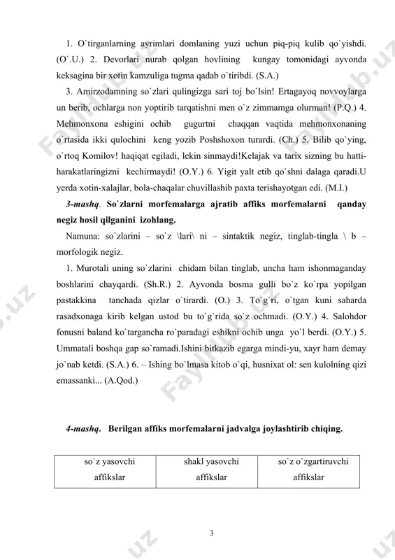 negiz, morfologik negiz, sintaktik negiz, tub negiz, yasama negiz, sodda negiz, qo`shma negiz, lug`aviy ma`no, garammatik ma`no, so`z yasovchi, shakl yasovchi qo`shimcha, so`z o`zgartiruvchi, qo`shimcha, sodda qo`shimcha, murakkab qo`shimcha. so`z yasalishi va so`zlarning tuzilishiga ko`ra turlari tahlili 1. so`z yasalishining usullari. 2. yasovchi asosning qaysi turkumga mansubligi. 3. yasovchi affikslar. 4. so`zlarning tuzilishiga ko`ra turlari. namuna: ko`ksaroy: yasalish usuliga ko`ra – sintaktik usul. ikki so`zning qo`shilishi asosida yasalgan. haybatli: yasalish usuliga ko`ra – morfologik usul. haybat so`zi asosida -li qo`shimchasi yordamida o`zakdan anglashilgan ma`noning kuchliligini ifodalovchi sifat yasalgan. ko`ksaroy – qoshma so`z, ko`k va saroy so`zlarining qo`shilishidan hosil bo`lgan. 5-mashq. ko`ksaroyning kungurador devorlari qorong`ida cho`ng qoyaday haybatli tuyuladi.(o.y.) 1.to`riga qo`yma tilladan yasalgan o’ymakor kursi o`rnatilgan salomxona nimqorong`i edi.(o.yo.) 2. u, usta hazratqul bilan xayrlashar ekan, qurilish materiallari olish uchun yordam qilishga va`da berdi. so`ngra, epchillik bilan boychivorga mindi-yu, oltinsoyga qarab yo`l oldi.(sh.r.)3. lekin u otlanib, uyiga qaytayotganda sal hovuridan tushdi-yu, …