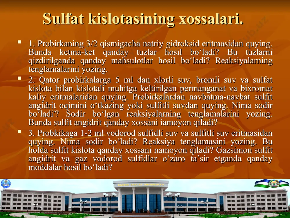 urli tajribalarni bajaring. esda saklang! selen va tellurning hamma birikmalari kuchli zaharli! tajribani о‘qituvchi bilan birgalikda bajaring. selenning galogenidlari, vodorod selenid va uning g kislorodli tuzlari kuchli zaxarlidir. zaharlanish simptomlari: badandan qо‘lansa hid keladi, kо‘z va nafas olish yо‘llari yallig‘lanadi, uzoq muddatli shamollash, bosh og‘riq. tellurning organizmga ta’siri selen va mishyakka о‘xshaydi. tellur bilan zaxarlanganda chiqarilayotgan nafasdan chesnok hidi keladi, bosh og‘riydi, aylanadi, puls tezlashadi, va charchash kuzatiladi. e’tiboringiz uchun rahmat!
