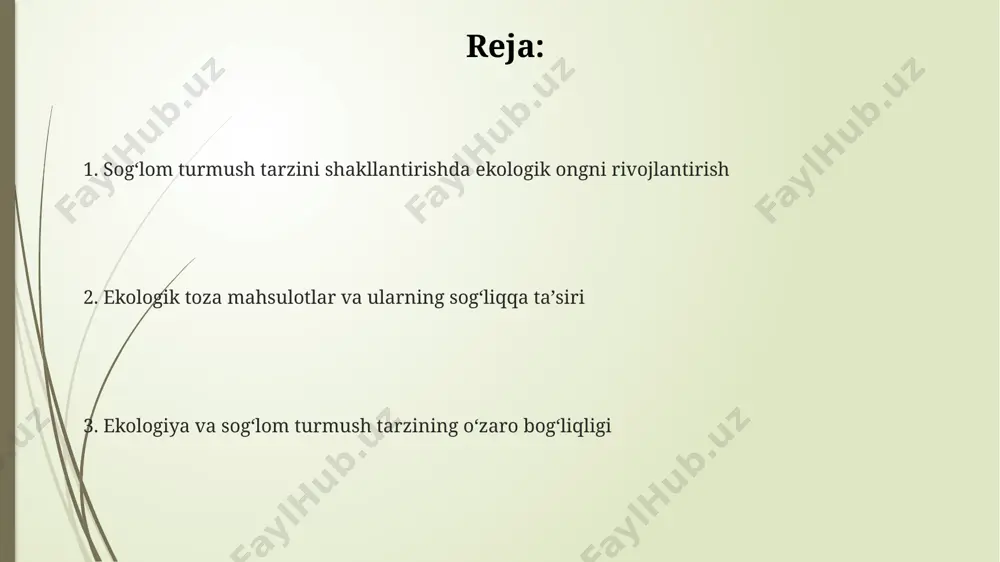 iklari xavfini 10% kamaytirishga yordam beradi. sog'lom ovqatlanish va ekologik toza mahsulotlar sog'lom ovqatlanish uchun kunlik 5 meva va sabzavot iste'mol qilish tavsiya etiladi, ularning kamida 2 turi ekologik toza dehqonchilik mahsulotlaridan bo'lishi kerak. bu organizmning vitamin va minerallarga bo'lgan ehtiyojini qondirishga yordam beradi. o'rtacha hisobda, ekologik dehqonchilik mahsulotlari an'anaviy usulda yetishtirilgan mahsulotlarga nisbatan 30% ga qimmatroq bo'lsa-da, sog'liq uchun uzoq muddatli foydasi ancha yuqori. ekologik toza mahsulotlar pestisid va gerbitsidlar miqdori ancha past bo'lganligi sababli, inson organizmiga salbiy ta'sirining kamayishiga olib keladi, shu bilan birga immunitet tizimini mustahkamlaydi. ekologiya va sog'lom turmush tarzining o'zaro bog'liqligi ekologik toza atrof-muhitda yashash, stress darajasini 20% ga pasaytirib, immunitet tizimini mustahkamlaydi va surunkali kasalliklar xavfini minimallashtiradi. sog'lom ovqatlanish, ekologik toza mahsulotlar iste'molini 30% ga oshirish orqali, yurak-qon tomir kasalliklari xavfini 15% ga kamaytirishga yordam beradi. jismoniy faollikning ko'payishi, ya'ni haftasiga kamida 150 daqiqa aerobik mashqlar, o'simliklarning fotosintez jarayonini yaxshilashga hissa qo'shuvchi karbonat angidrid …