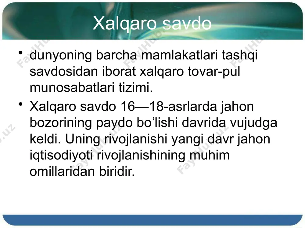 uchun foydali angliya portugaliya 1 barrel vino 120 kishi tomonidan ishlab chiqariladi. 1 barrel vino 80 kishi tomonidan ishlab chiqariladi 1 dona gazlama 70 kishi tomonidan ishlab chiqariladi 1 dona gazlama 90 kishi tomonidan ishlab chiqariladi xeksher olin tovarlarni eksport qilish tovarlarni import qilish ortiqcha ishlab chiqarish omili ishlab chiqarish omillarining etishmasligi xalqaro almashinuvda ishtirok etuvchi davlatlar: “omil” baholari tenglashtiriladi, ya’ni ma’lum bir omil egasi olgan daromad; ishlab chiqarish omillarining yetarlicha xalqaro harakatchanligini hisobga olgan holda, tovarlar eksportini omillarning o'zlarini mamlakatlar o'rtasida o'tkazish orqali almashtirish mumkin. xalqaro savdoning roli hozirgi bosqichda xalqaro savdo mamlakatlar, mintaqalar va butun jahon hamjamiyatining iqtisodiy rivojlanishida muhim rol o'ynaydi: tashqi savdo iqtisodiy o'sishning kuchli omiliga aylandi; mamlakatlarning xalqaro savdoga qaramligi sezilarli darajada oshdi. xalqaro savdoning o'sishiga ta'sir qiluvchi asosiy omillar: xalqaro mehnat taqsimotining rivojlanishi va ishlab chiqarishning baynalmilallashuvi; ntr; tmk transmilliy korporatsiyalar faoliyati; image2.jpeg image3.jpeg image4.gif image5.wmf image6.wmf image7.jpeg image8.jpeg image9.jpeg image10.jpeg image11.jpeg image1.jpeg /docprops/thumbnail.jpeg