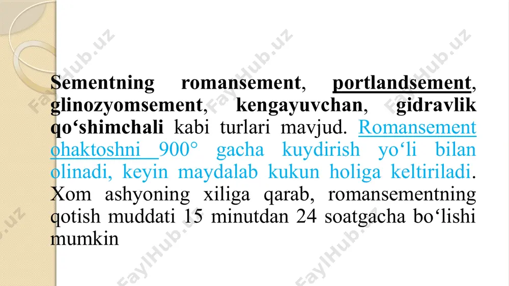 rinchisi portlend sement klinkeri, gips va yuqori o'choqli shlaklar asosida olinadi, ularning bir qismi 21-60% ni tashkil qiladi. tarkibi kuchning sekin o'sishi, tajovuzkor muhitga qarshilik kuchayishi bilan tavsiflanadi, lekin haroratning haddan tashqari ta'siriga chidamli emas. u gidrotexnika qurilishida qo'llaniladi. ohak bilan shlak aralashmasidan olinadi (uning bir qismi taxminan 30%), gips va portlend tsementining kichik qo'shimchalariga ruxsat beriladi. tarkibi asta-sekin qattiqlashadi, yangi va eng barqaror sulfatli suvlar, past navli beton ishlab chiqarish uchun, ohak va toshlarda ishlatilishi mumkin; tez qotadigan portlend sement, nomidan ko'rinib turibdiki, qattiqlashuvning dastlabki soatlarida tez quvvat to'plami bilan tavsiflanadi. bunday xususiyatlar maxsus qo'shimchalarning aniq tanlovi va dozalari bilan izohlanadi. natijada, kompozitsion 3 kundan keyin kuchlanish kuchiga etadi, bu esa temir-beton konstruktsiyalarni ishlab chiqarish jarayonini tezlashtiradi kengaytiruvchi sementlar-qattiqlashuv jarayonida hajmning oshishi bilan tavsiflangan tsementlar guruhi. shunga o'xshash ta'sir kukun va suv o'rtasidagi reaktsiyaning o'tishi tufayli erishiladi, natijada bog'lash qobiliyatiga ega bo'lgan kaltsiy gidrosulfoalyuminat hosil bo'ladi. ko'p miqdorda suv. …