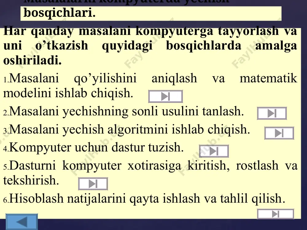 alariga aniq rioya qilib masalani еchadi. { avvalo algoritm tushunchasi ix asrda yashab ijod etgan buyuk bobokalonimiz muhammad al-xorazmiy nomi bilan uzviy bog’liq-ligini tushuntirish lozim. algoritm so’zi al-xorazmiyning arifmetikaga bag’ishlangan asarining dastlabki betidagi “dixit algoritmi (“dediki al-xorazmiy” ning lotincha ifodasi) degan jumlalardan kelib chiqqan. shundan so’ng al-xorazmiyning sanoq sistemasini takomillashtirishga qo’shgan hissasi, uning asarlari algoritm tushunchasining kiritilishiga sabab bo’lganligi ta’kidlab o’tiladi. algoritm nima degan savolga, u asosiy tushuncha sifatida qabul qilinganligidan, uning faqat tavsifi beriladi, ya’ni biror maqsadga erishishga yoki qandaydir masalani yechishga qaratilgan ko’rsatmalarning (buyruqlarning) aniq, tushunarli, chekli hamda to’liq tizimi tushuniladi. algoritm { algoritmning asosiy xossalari 1. diskretlik, ya’ni algoritmni chekli sondagi oddiy ko’rsatmalar ketma-ketligi shaklida ifodalash mumkin. 2. tushunarlilik, ya’ni ijrochiga tavsiya etilayotgan ko’rsatmalar uning uchun tushunarli bo’lishi shart, aks holda ijrochi oddiy amalni ham bajara olmay qolishi mumkin. har bir ijrochining bajara olishi mumkin bo’lgan ko’rsatmalar tizimi mavjud. 3. aniqlik, ya’ni ijrochiga berilayotgan ko’rsatmalar aniq mazmunda …